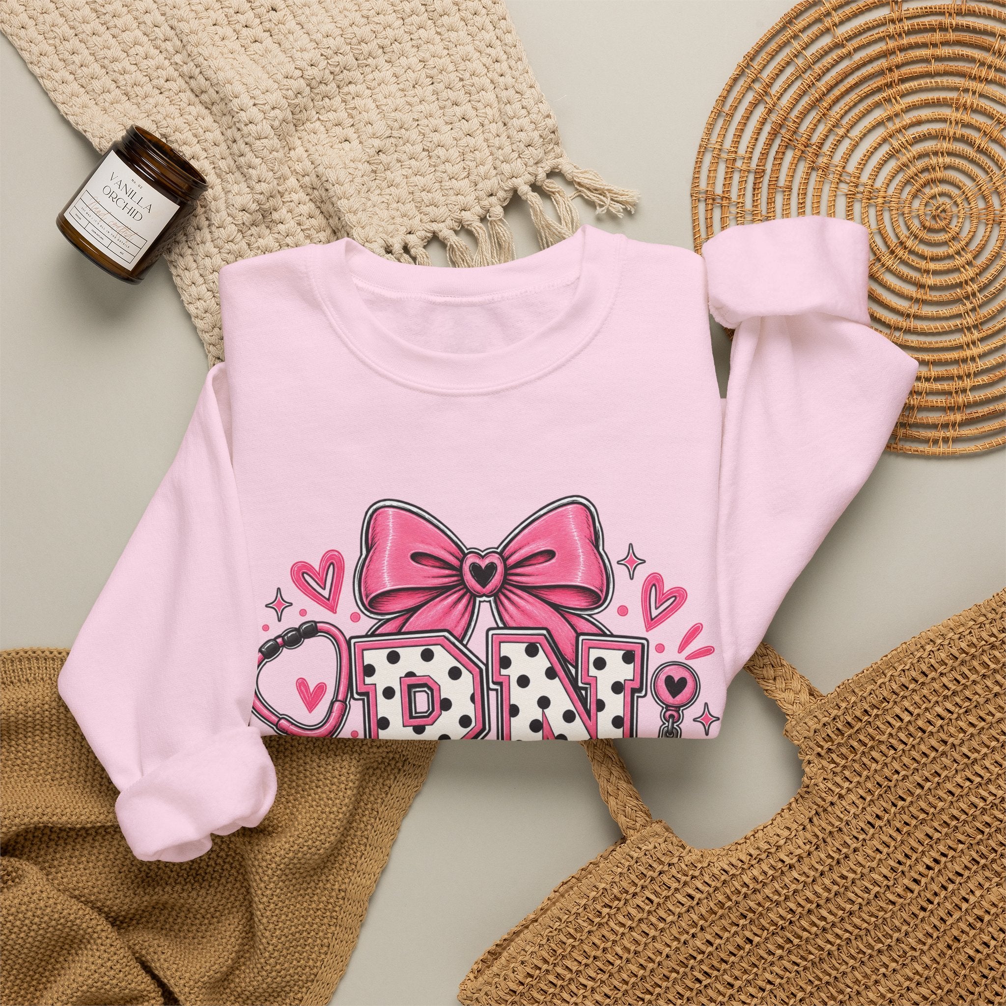 RN Registered Nurse Sweatshirt — Cute Pink Bow Nursing Crewneck