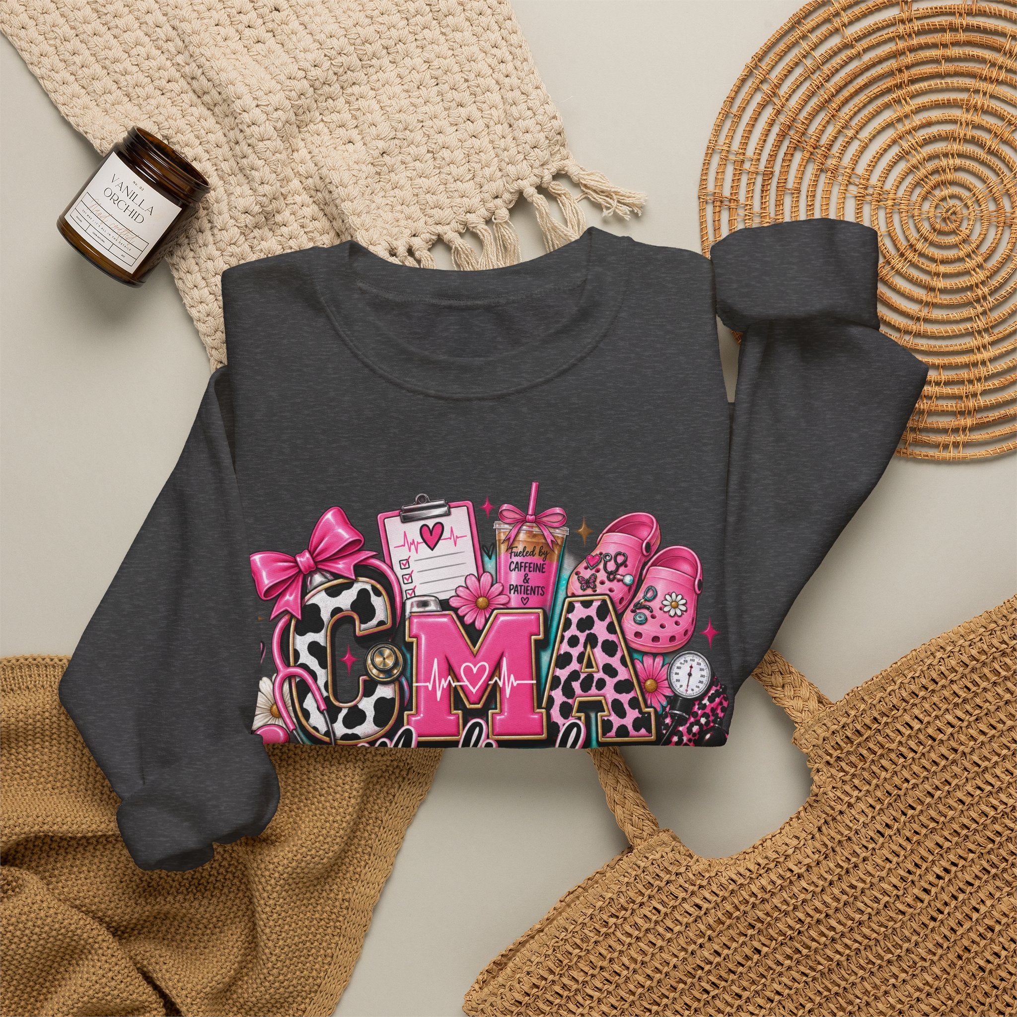 Cow Print Medical Assistant Crewneck Sweatshirt – Pink Nursing Badge & Stethoscope Design