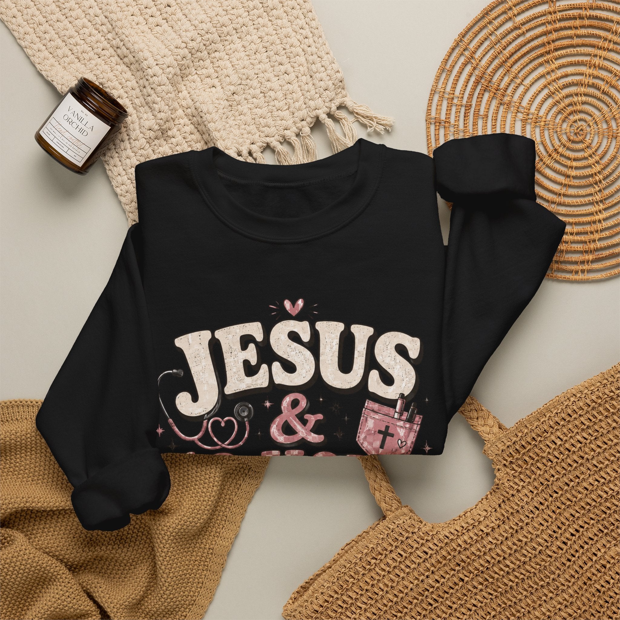 Crewneck Sweatshirt — "Jesus & 12-Hour Shifts" Faith Nurse Gift