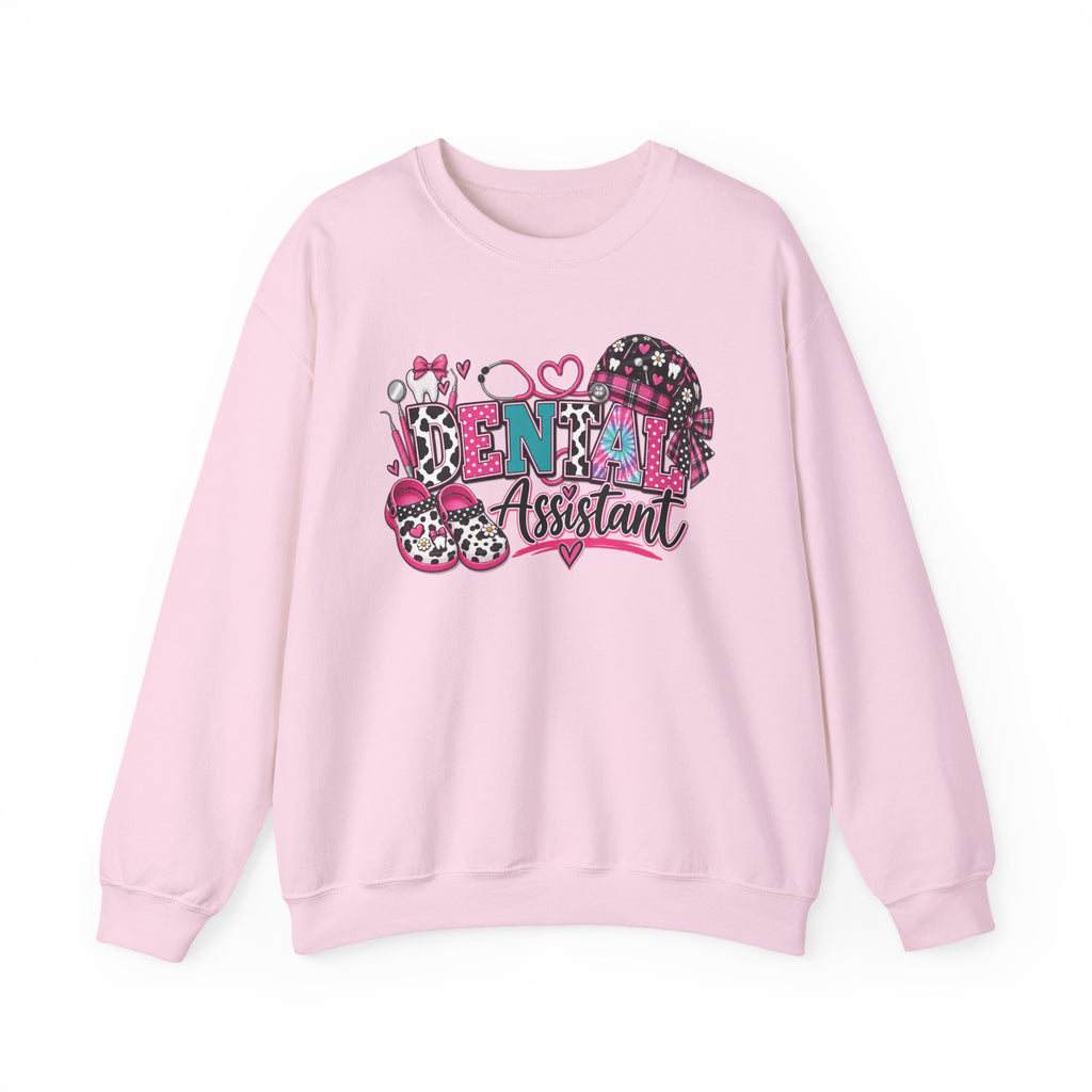 Dental Assistant Cow Print Crewneck Sweatshirt — Pink Leopard Heart Dental Design