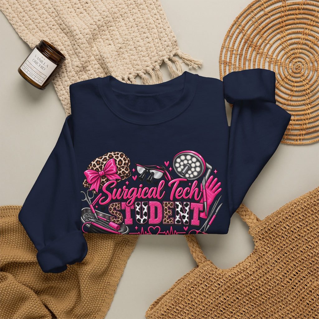 Surgical Tech Student Crewneck Sweatshirt — "Staygold Tash" Salon Scissors & Dryer Graphic