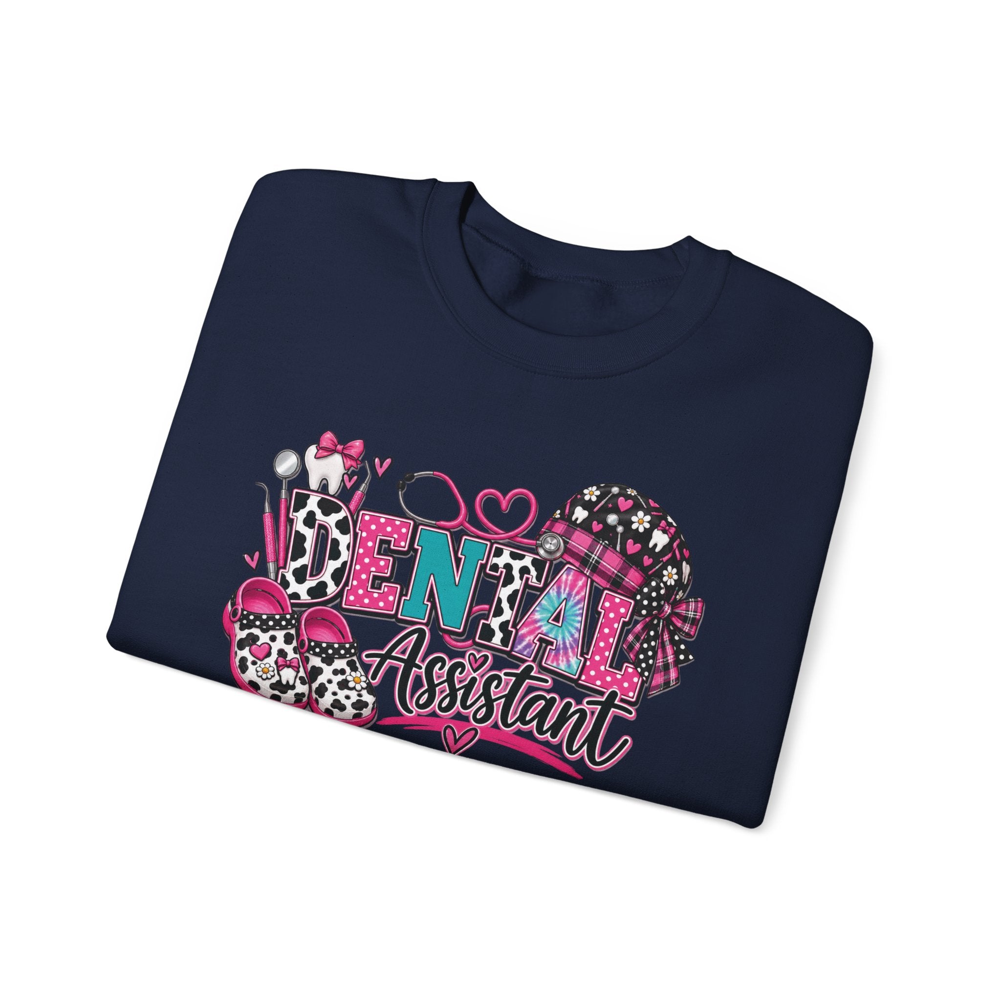 Dental Assistant Cow Print Crewneck Sweatshirt — Pink Leopard Heart Dental Design