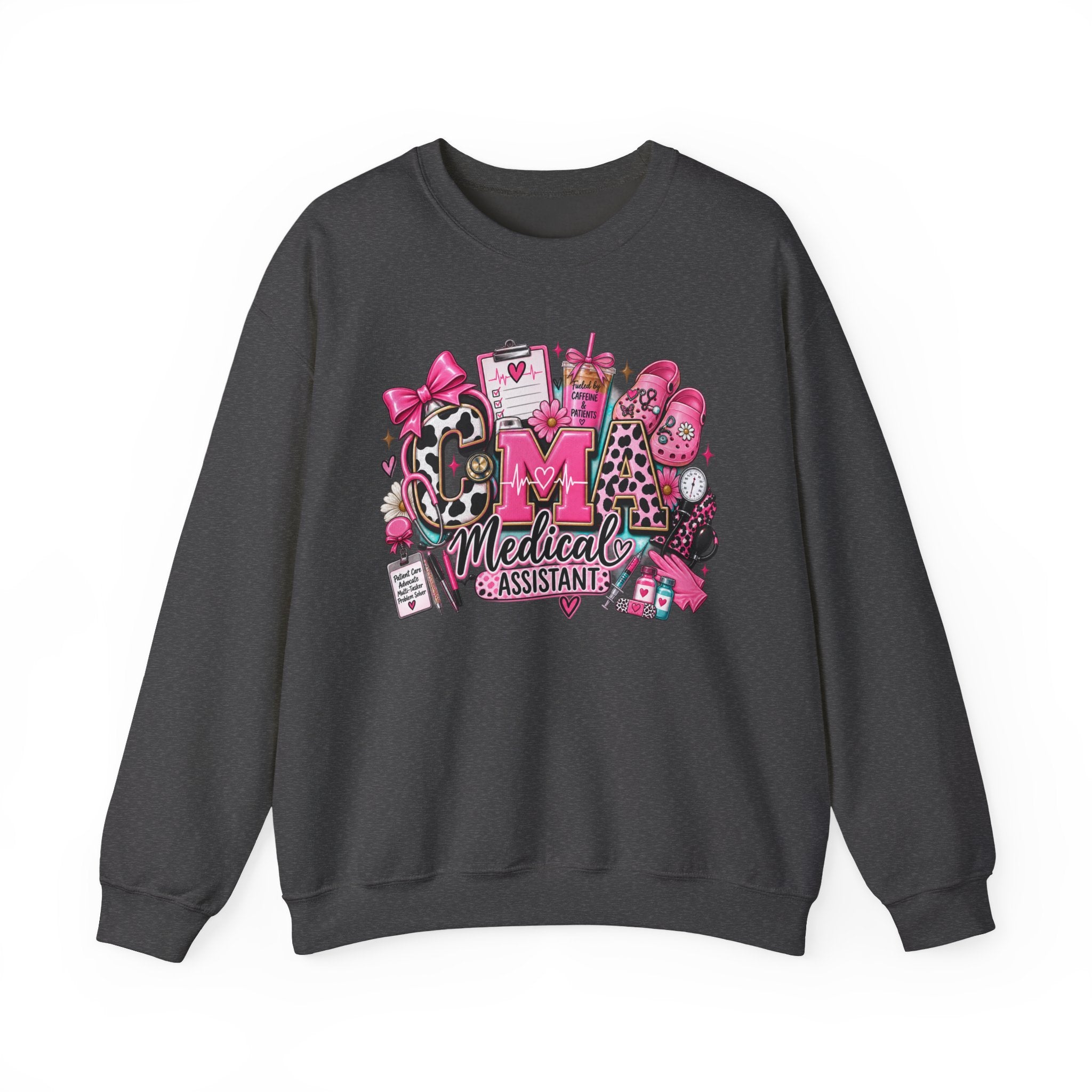 Cow Print Medical Assistant Crewneck Sweatshirt – Pink Nursing Badge & Stethoscope Design