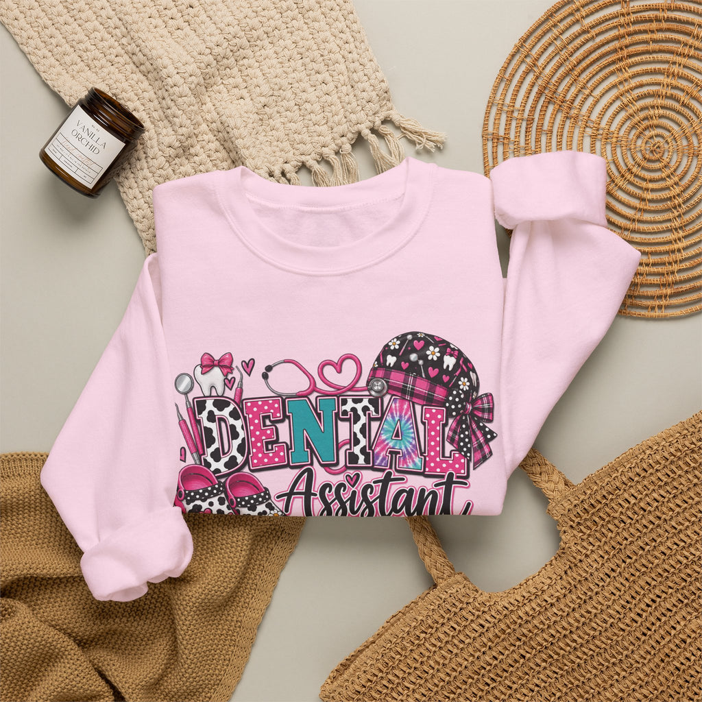 Dental Assistant Cow Print Crewneck Sweatshirt — Pink Leopard Heart Dental Design