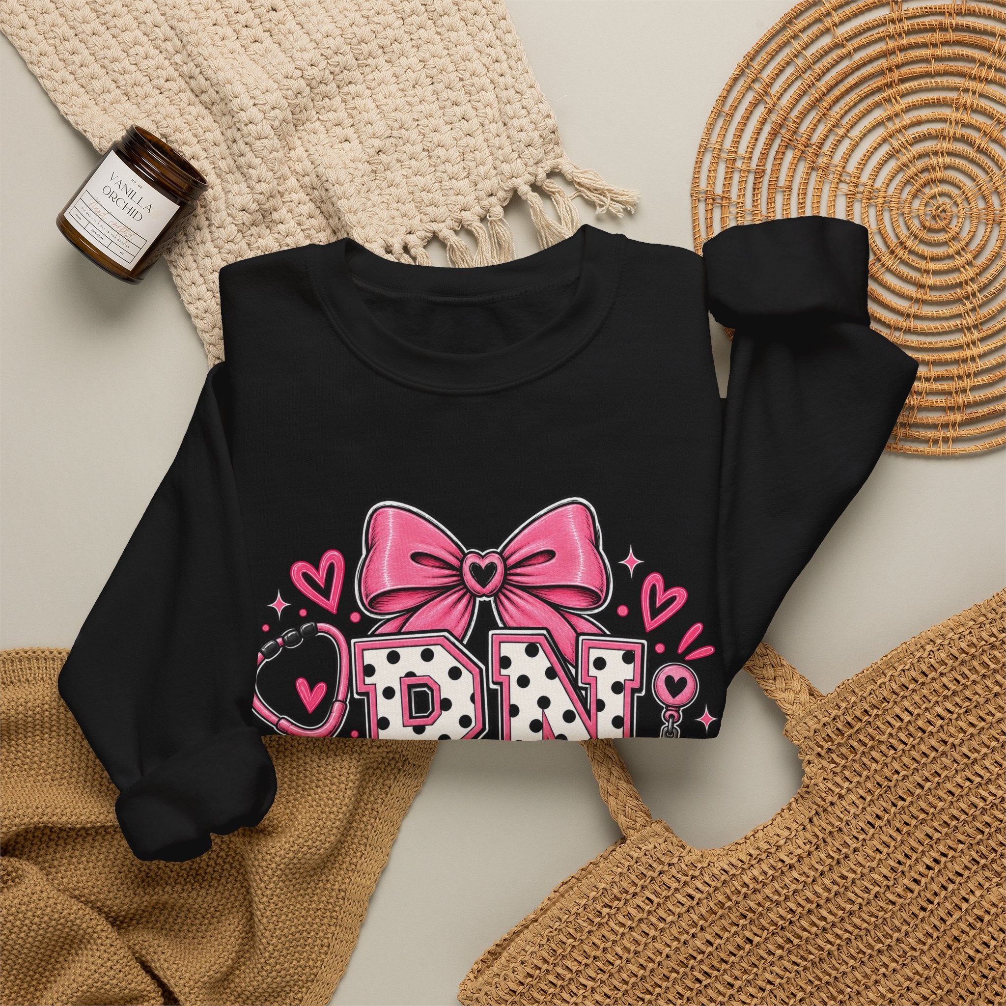 RN Registered Nurse Sweatshirt — Cute Pink Bow Nursing Crewneck