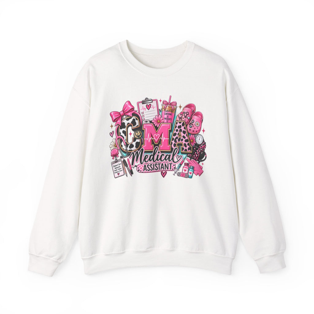 Cow Print Medical Assistant Crewneck Sweatshirt – Pink Nursing Badge & Stethoscope Design