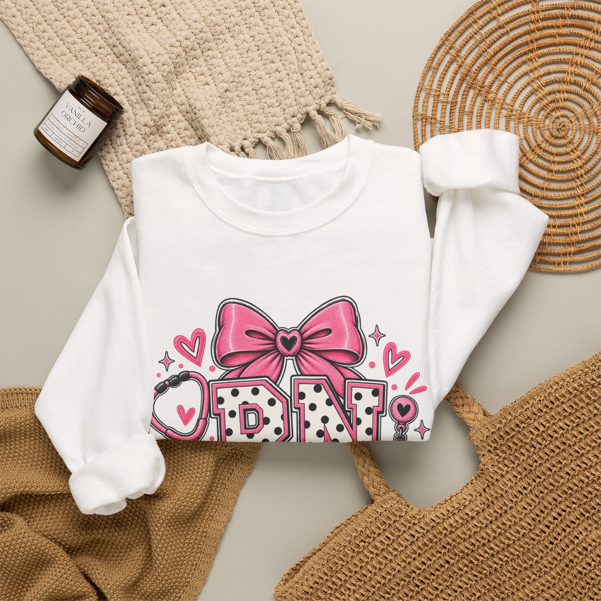 RN Registered Nurse Sweatshirt — Cute Pink Bow Nursing Crewneck