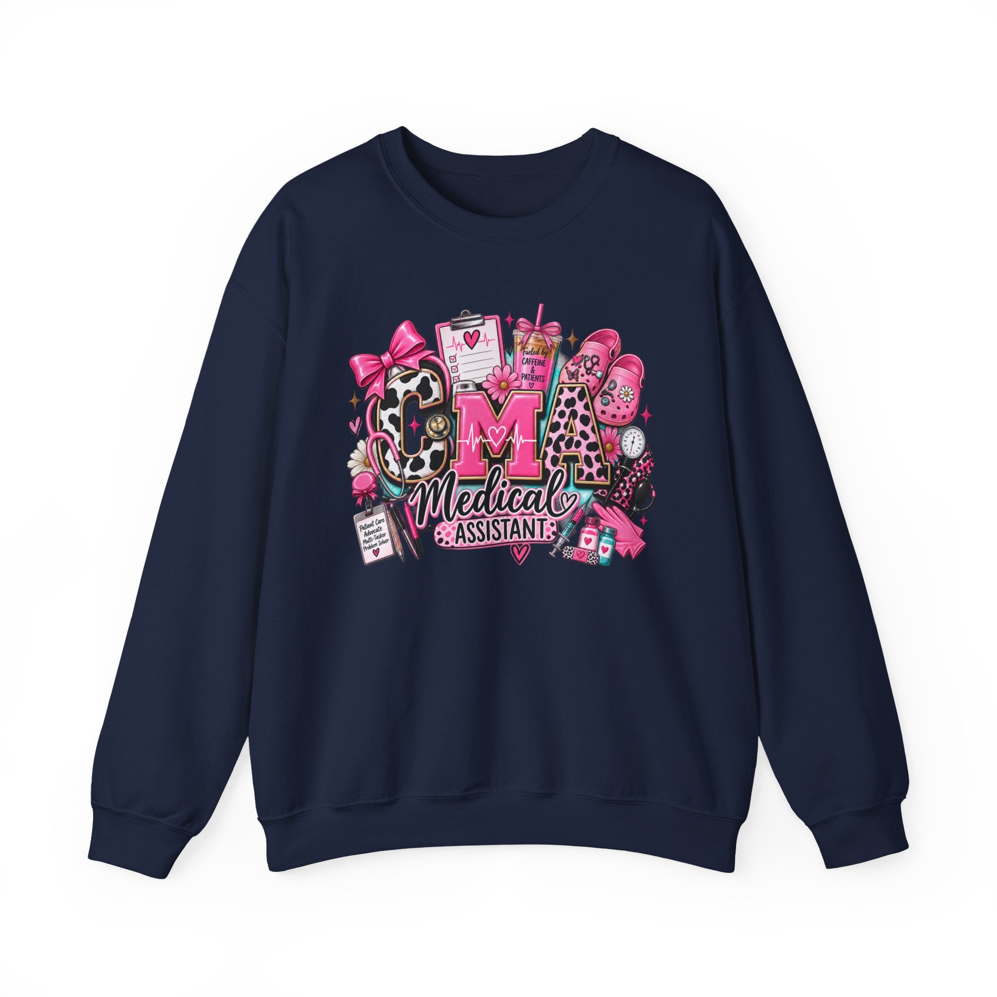 Cow Print Medical Assistant Crewneck Sweatshirt – Pink Nursing Badge & Stethoscope Design