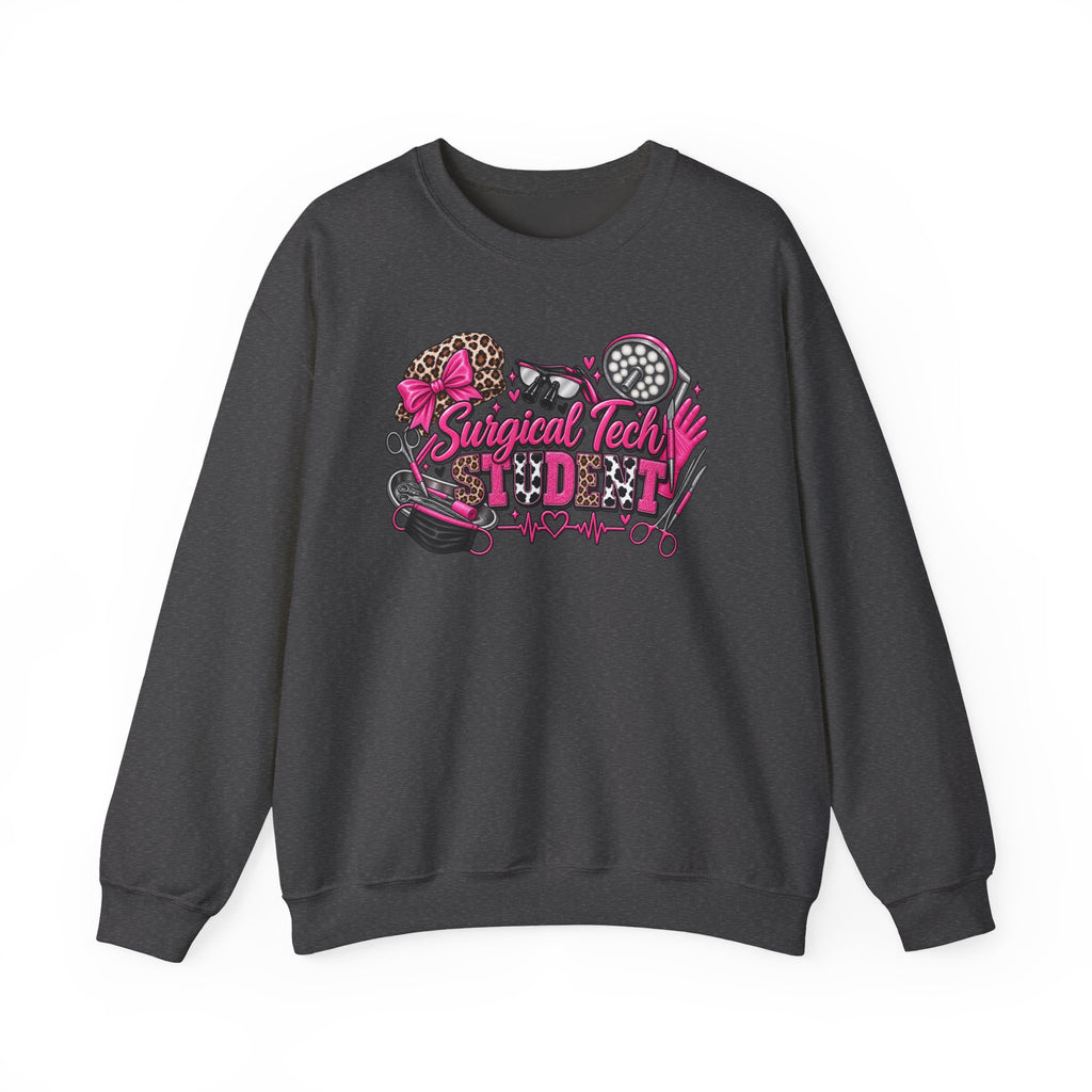 Surgical Tech Student Crewneck Sweatshirt — "Staygold Tash" Salon Scissors & Dryer Graphic