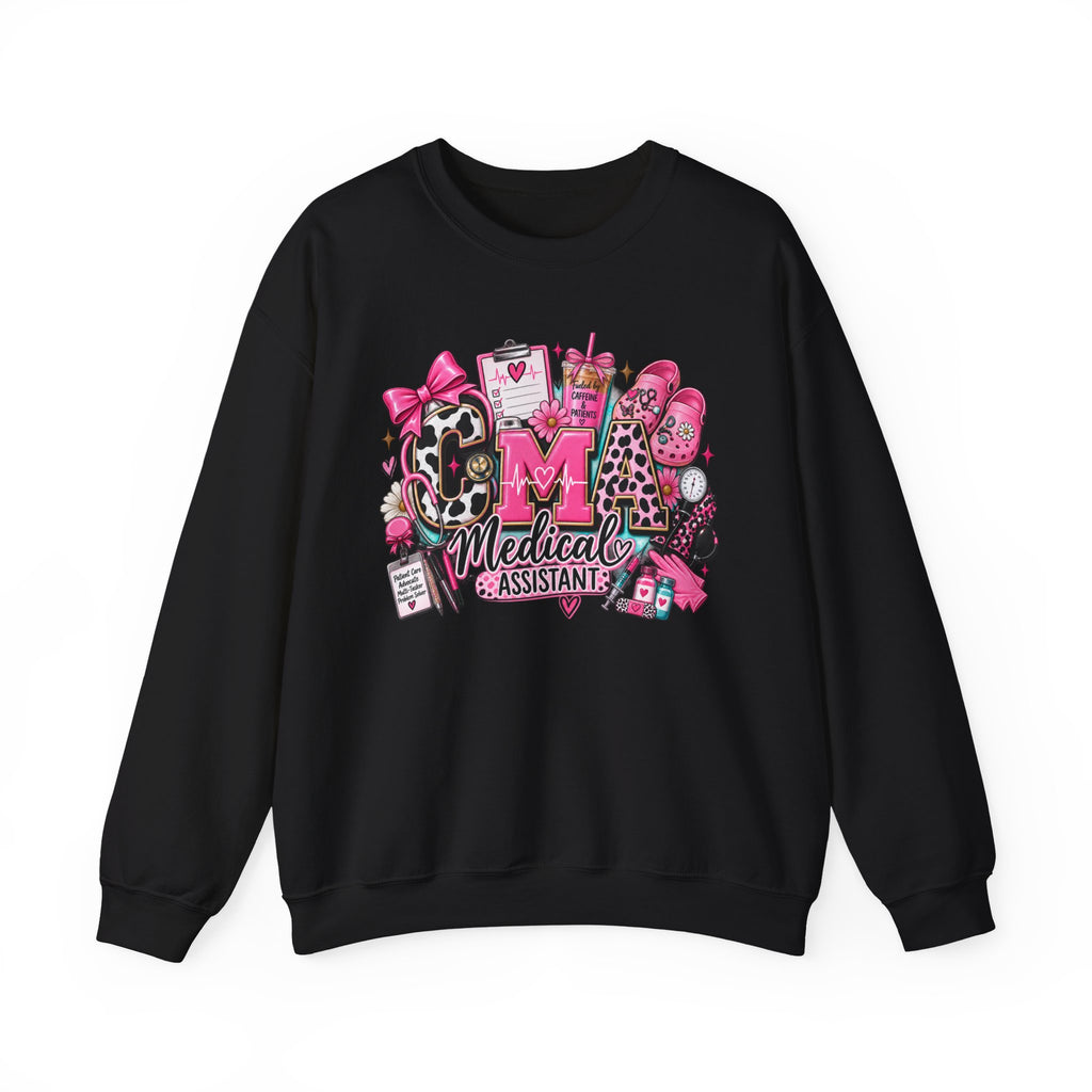 Cow Print Medical Assistant Crewneck Sweatshirt – Pink Nursing Badge & Stethoscope Design