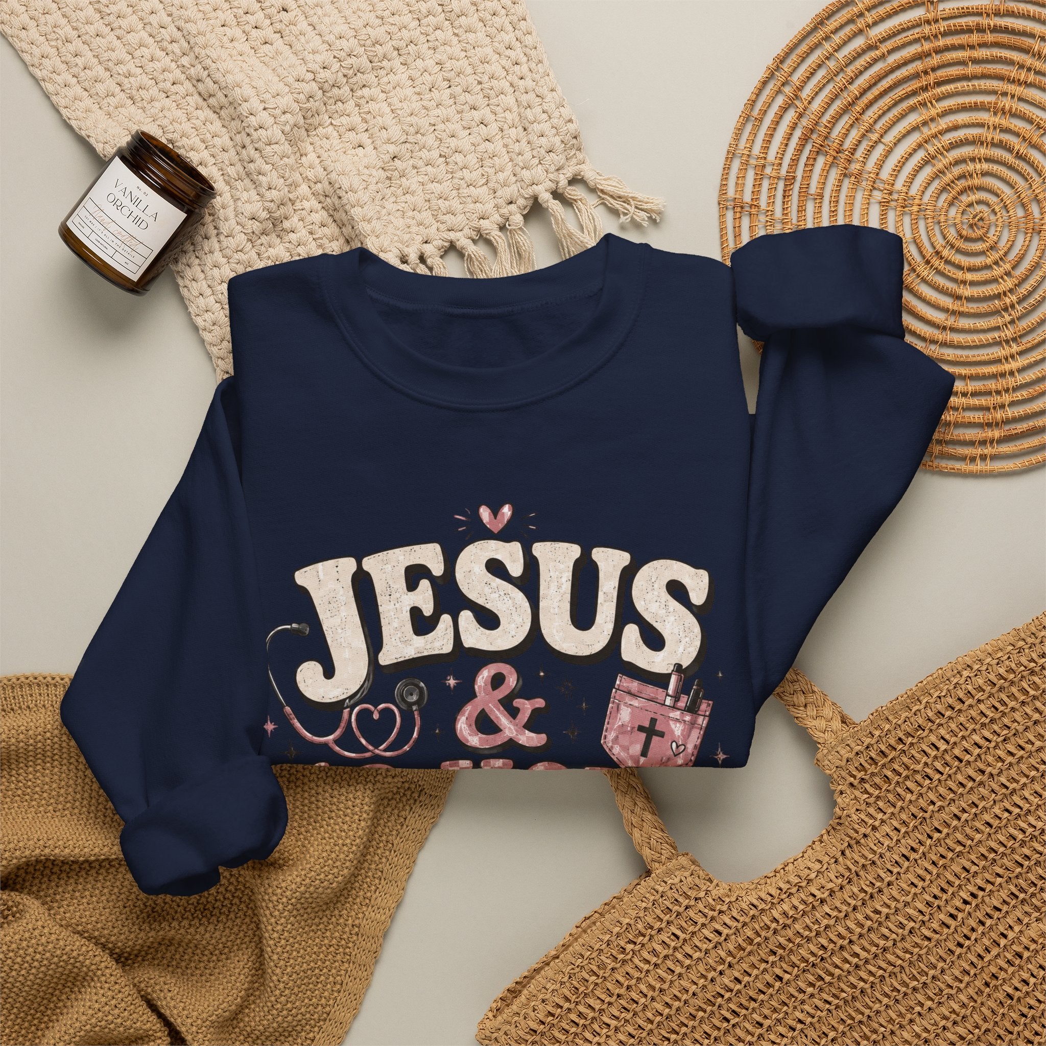 Crewneck Sweatshirt — "Jesus & 12-Hour Shifts" Christian Nurse Gift