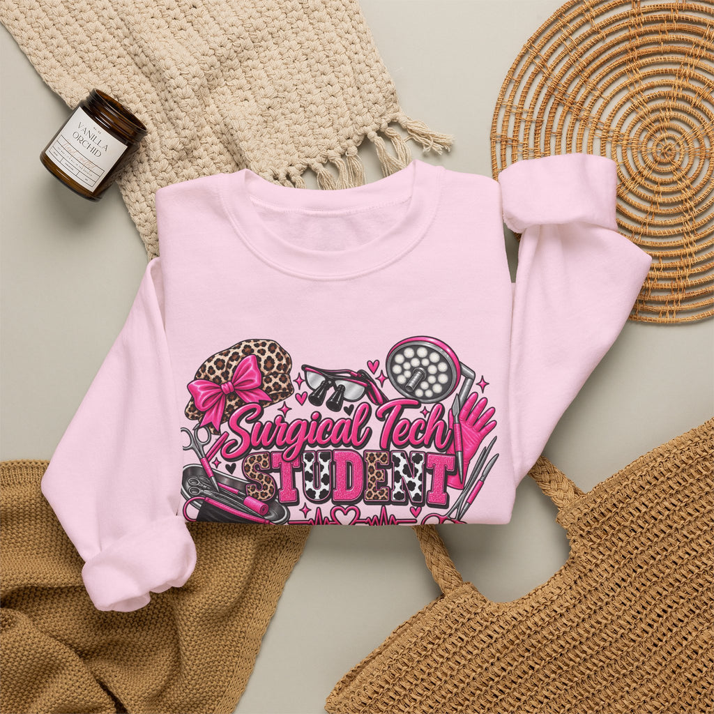 Surgical Tech Student Crewneck Sweatshirt — "Staygold Tash" Salon Scissors & Dryer Graphic