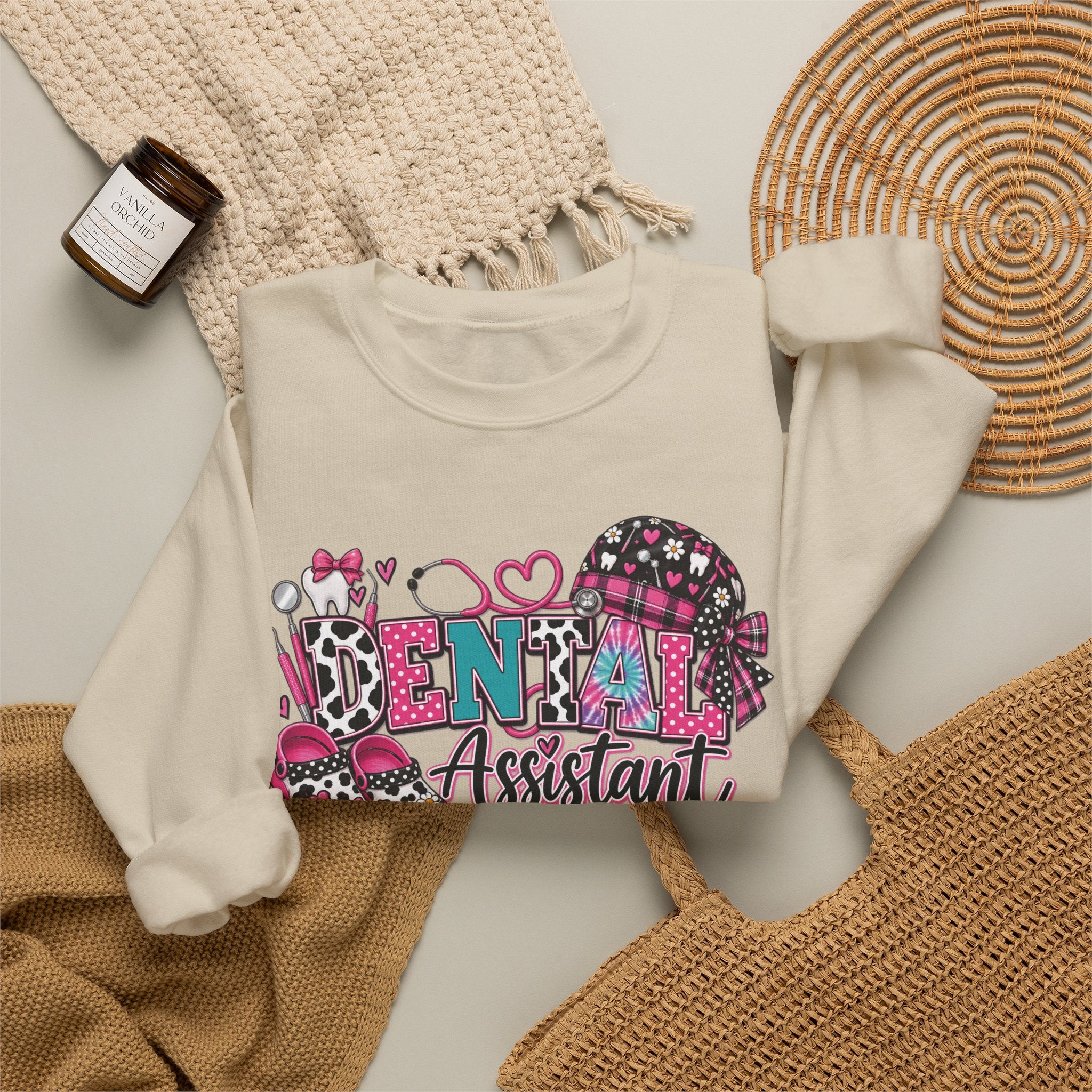 Dental Assistant Cow Print Crewneck Sweatshirt — Pink Leopard Heart Dental Design