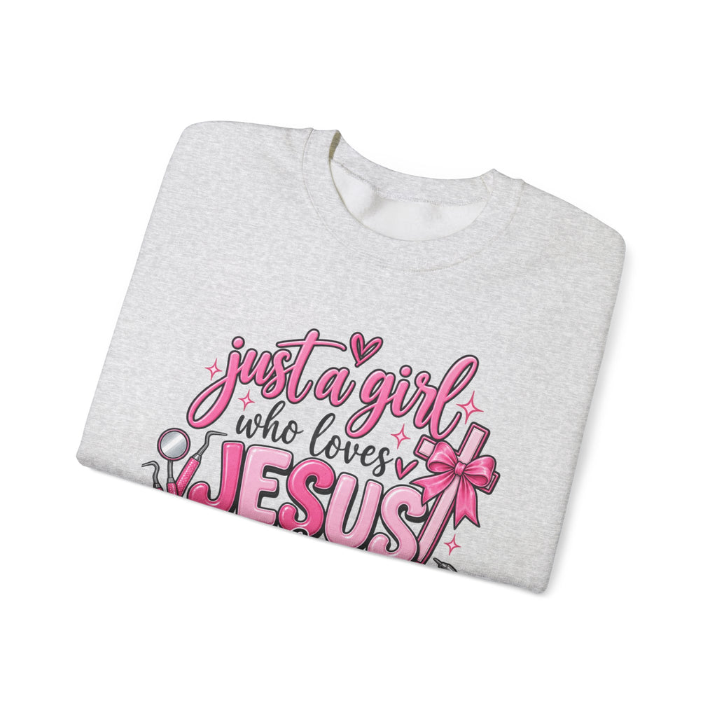 Jesus & Teeth Crewneck Sweatshirt — "Just a Girl Who Loves Jesus & Teeth" Christian Dental Graphic