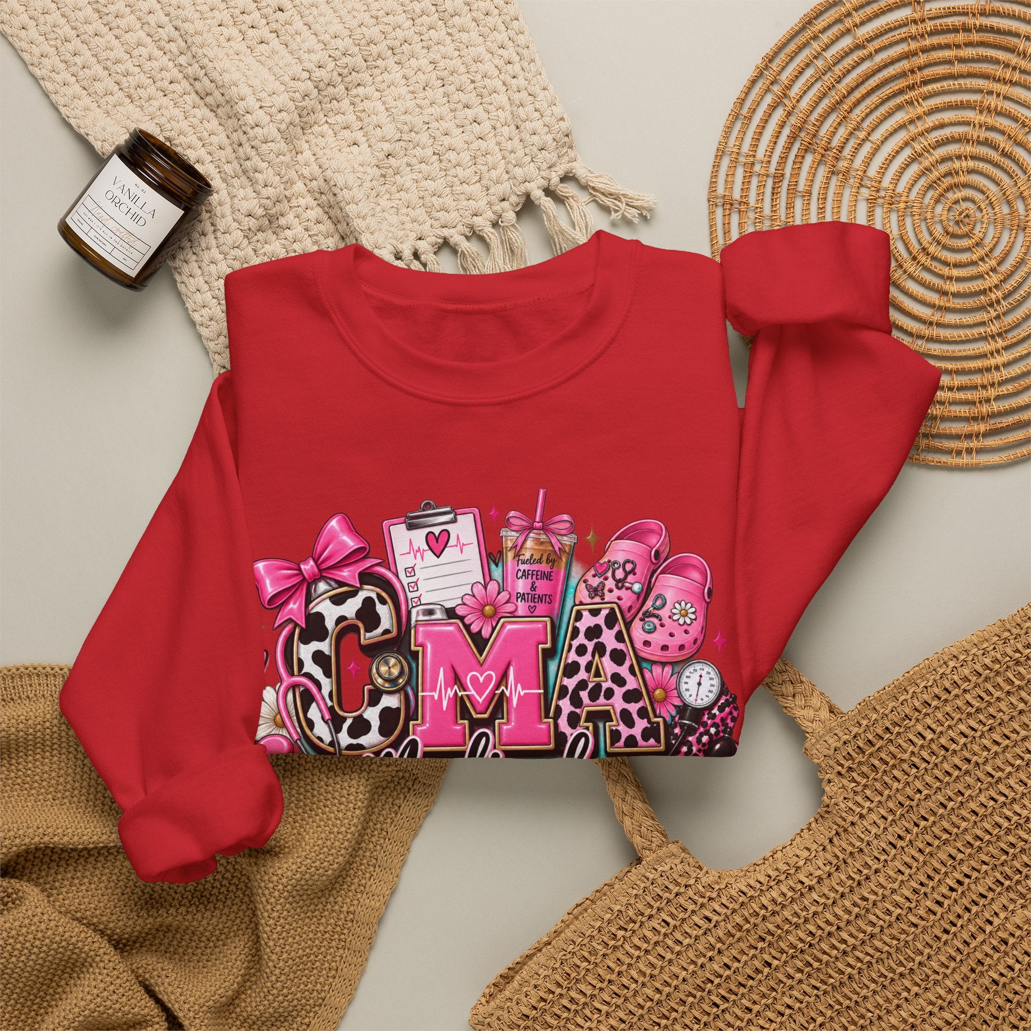 Cow Print Medical Assistant Crewneck Sweatshirt – Pink Nursing Badge & Stethoscope Design
