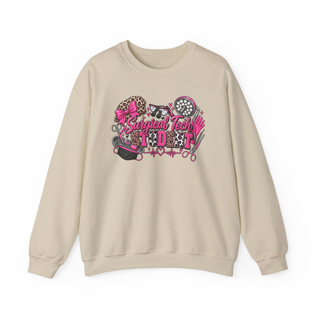 Surgical Tech Student Crewneck Sweatshirt — "Staygold Tash" Salon Scissors & Dryer Graphic