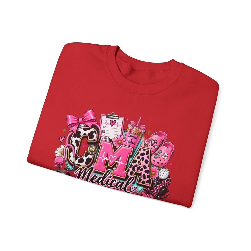 Cow Print Medical Assistant Crewneck Sweatshirt – Pink Nursing Badge & Stethoscope Design