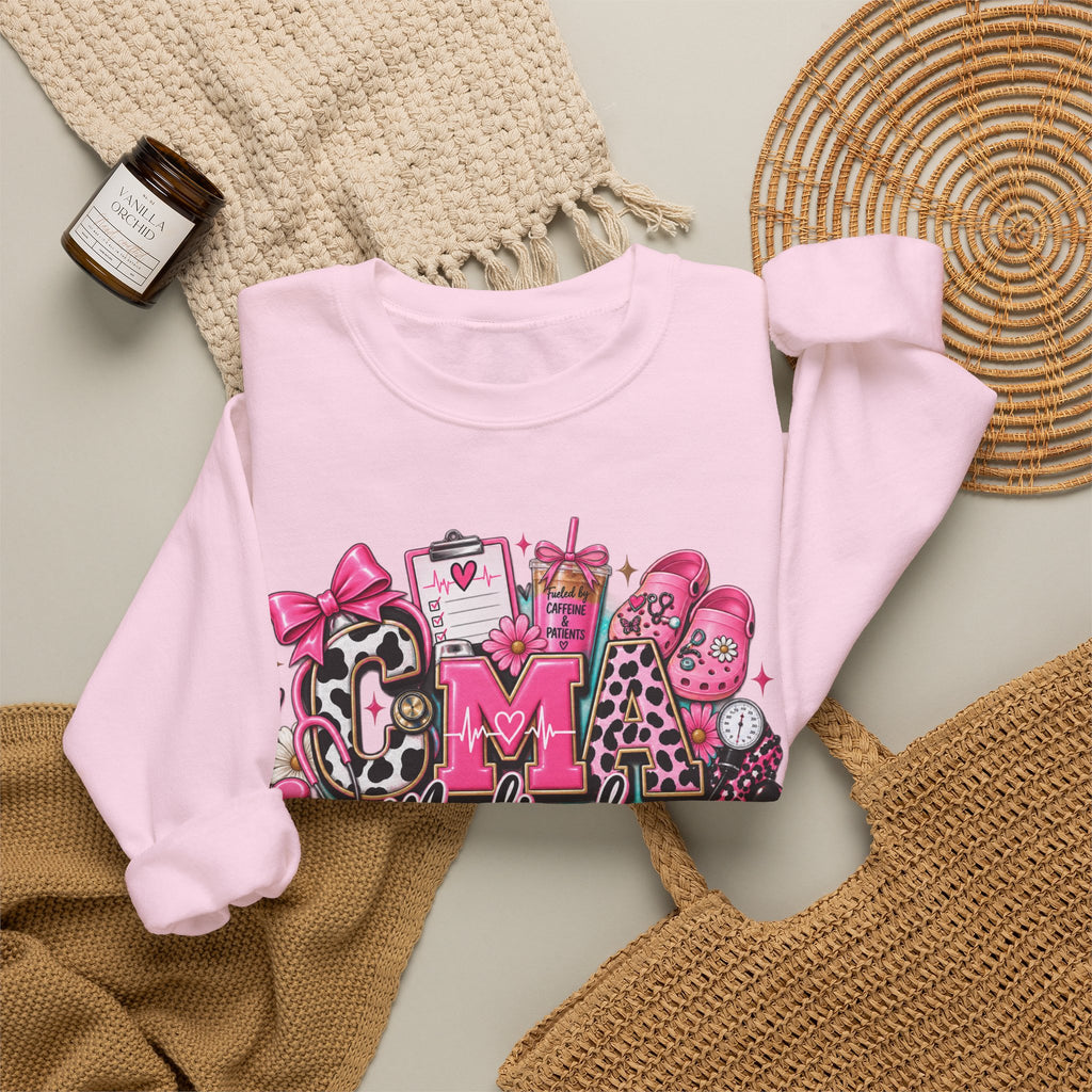 Cow Print Medical Assistant Crewneck Sweatshirt – Pink Nursing Badge & Stethoscope Design