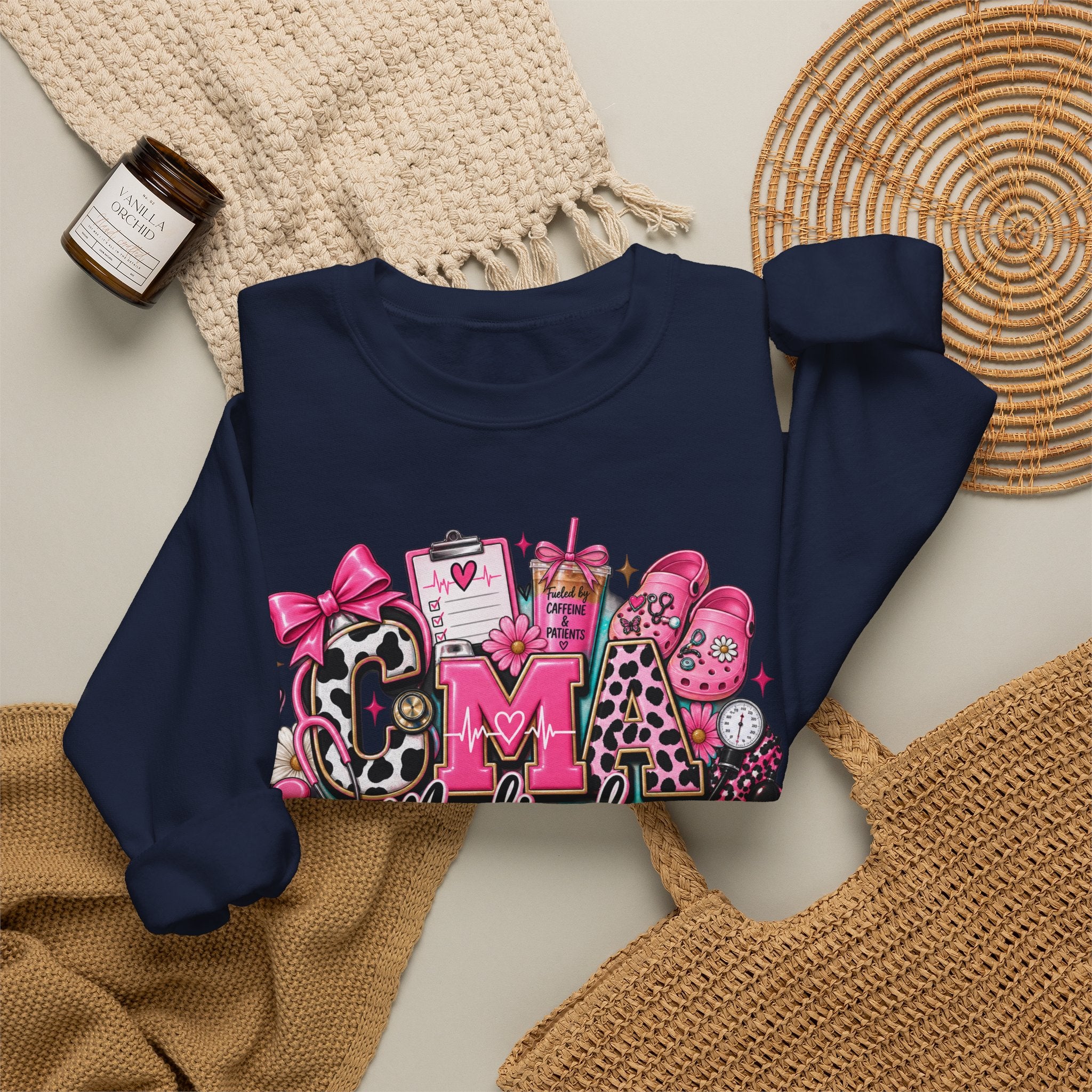 Cow Print Medical Assistant Crewneck Sweatshirt – Pink Nursing Badge & Stethoscope Design