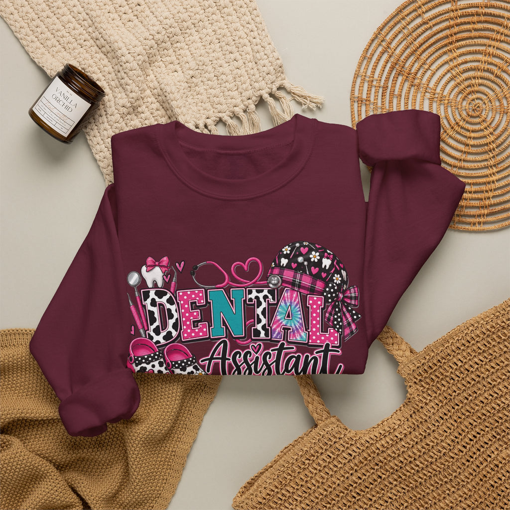 Dental Assistant Cow Print Crewneck Sweatshirt — Pink Leopard Heart Dental Design