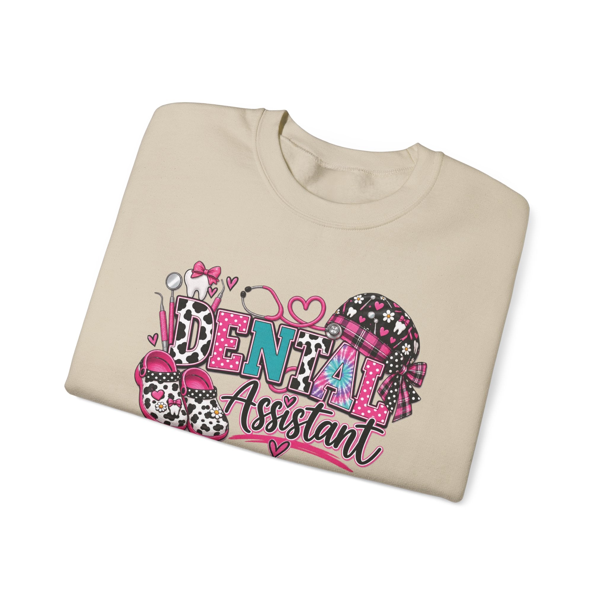 Dental Assistant Cow Print Crewneck Sweatshirt — Pink Leopard Heart Dental Design