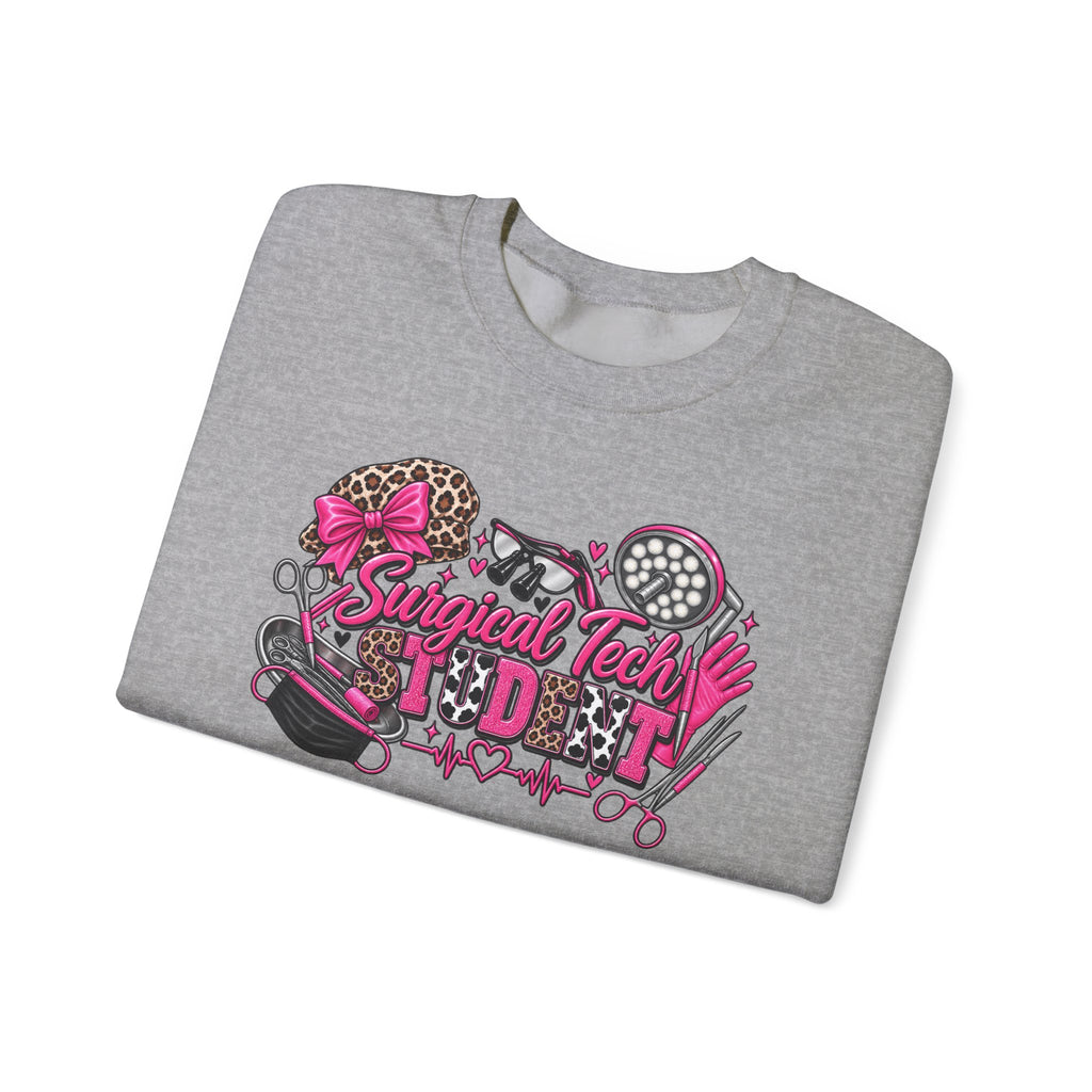 Surgical Tech Student Crewneck Sweatshirt — "Staygold Tash" Salon Scissors & Dryer Graphic