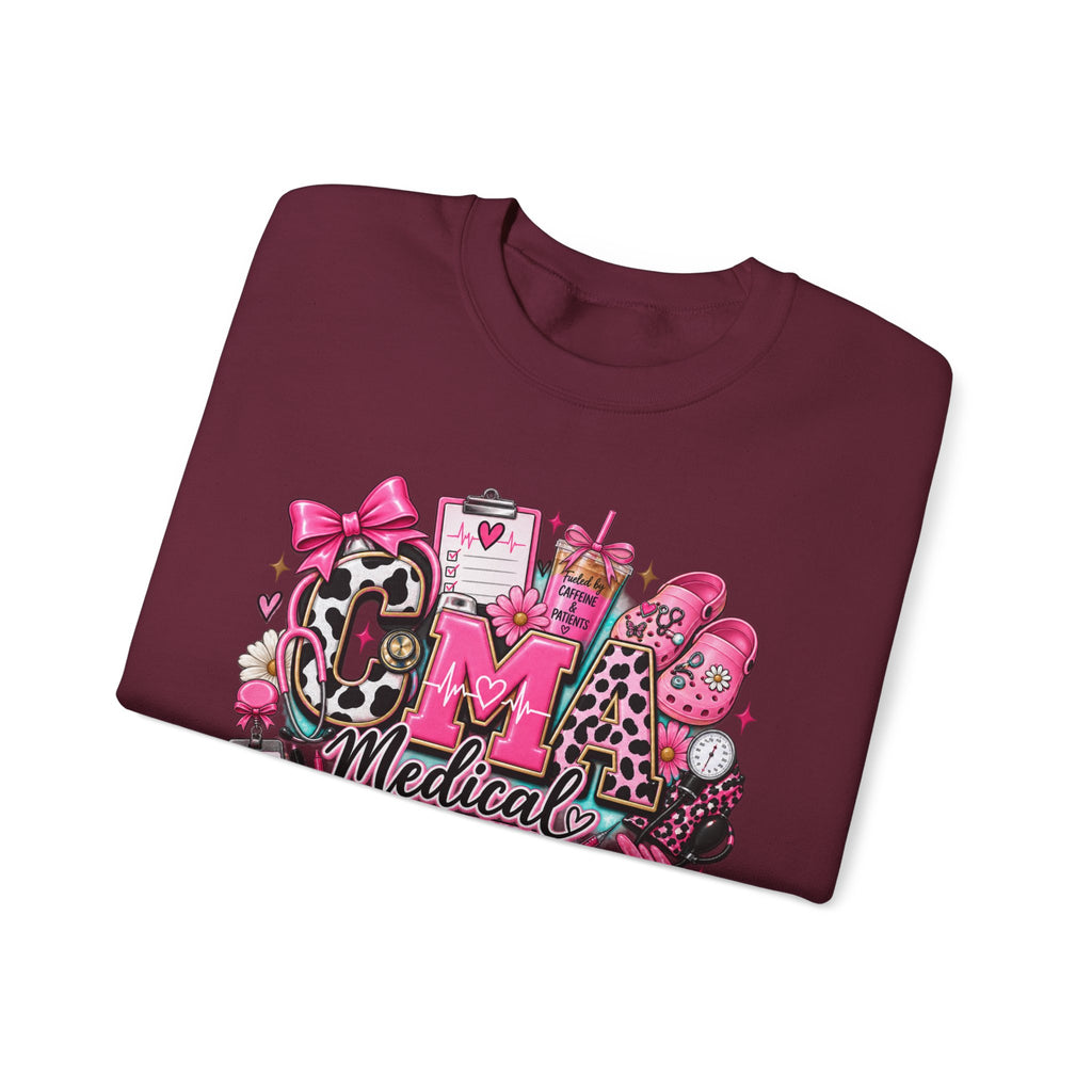 Cow Print Medical Assistant Crewneck Sweatshirt – Pink Nursing Badge & Stethoscope Design