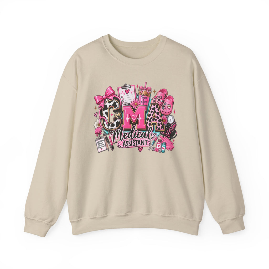 Cow Print Medical Assistant Crewneck Sweatshirt – Pink Nursing Badge & Stethoscope Design