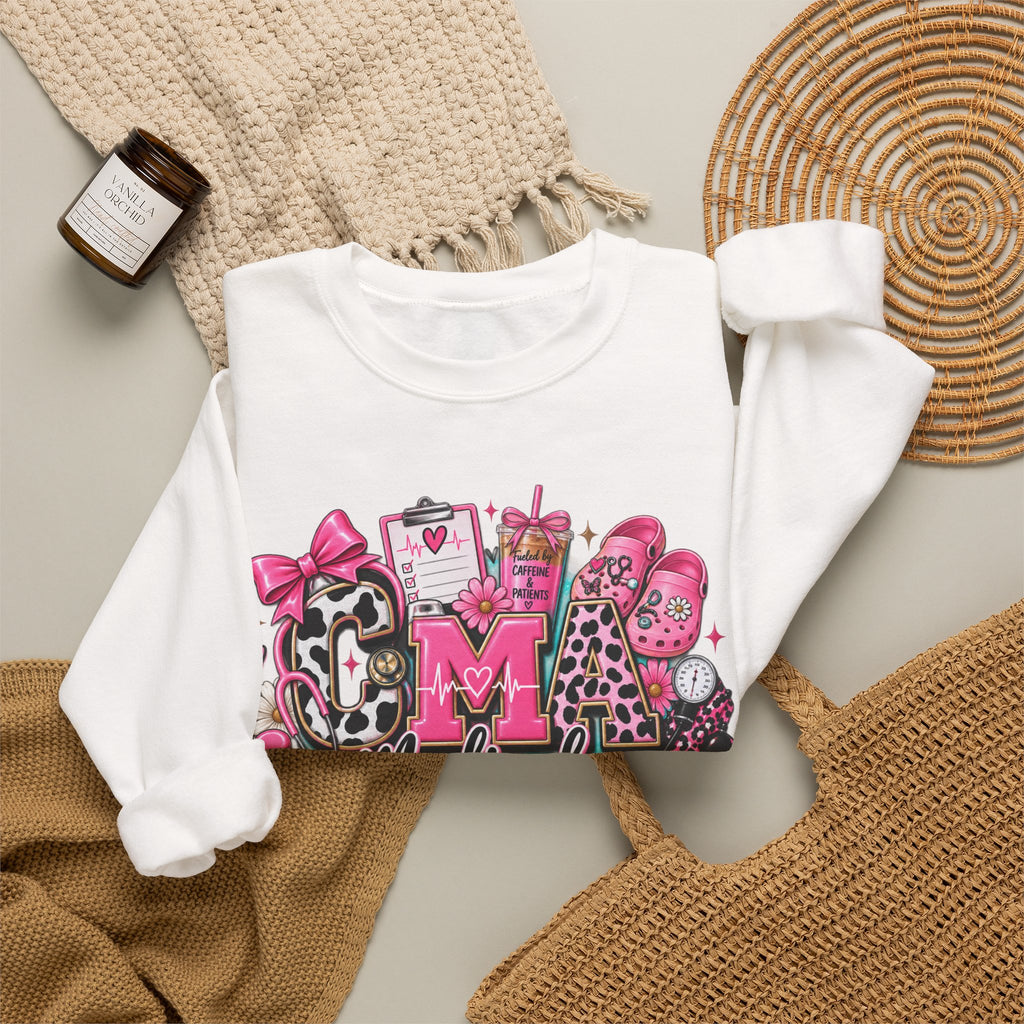 Cow Print Medical Assistant Crewneck Sweatshirt – Pink Nursing Badge & Stethoscope Design