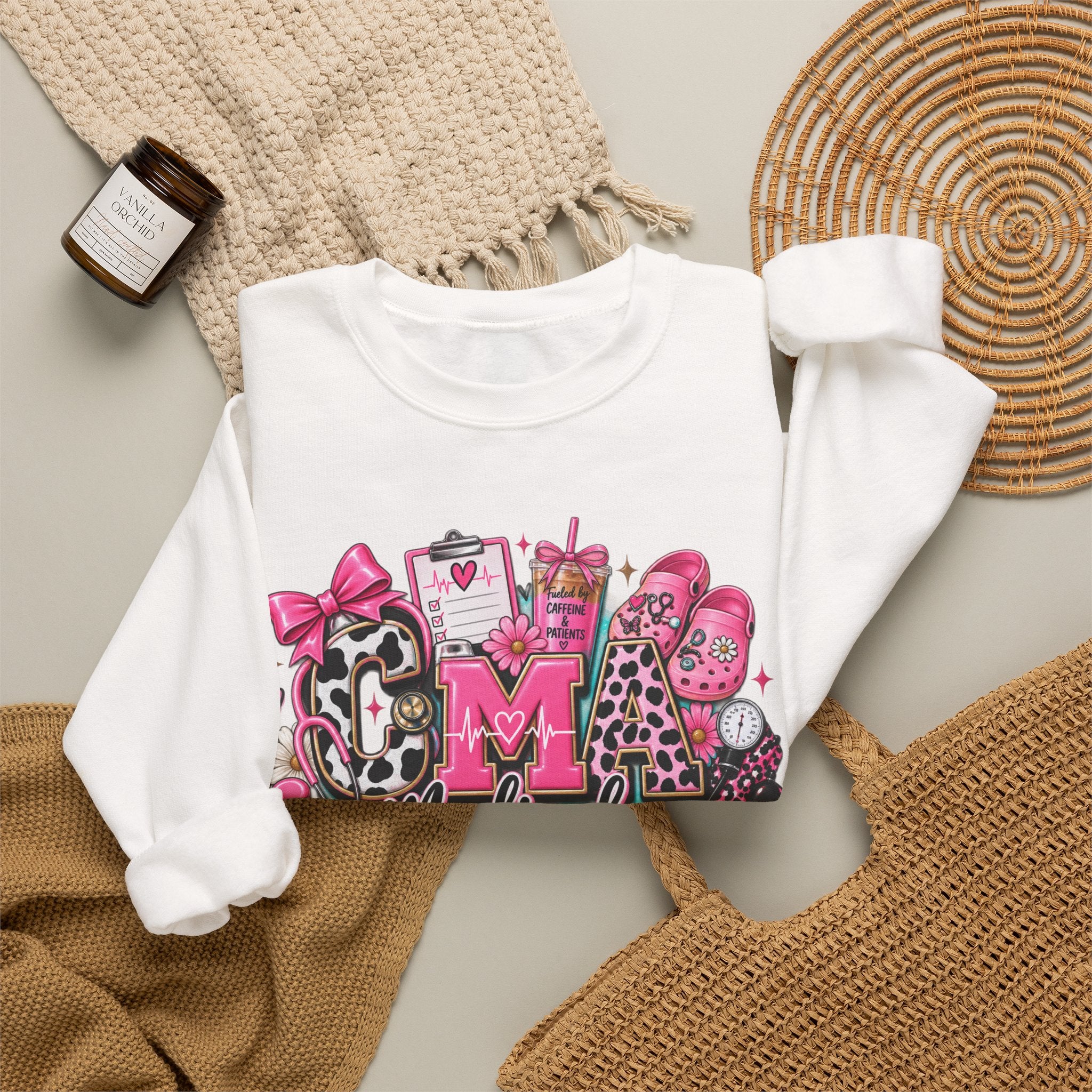 Cow Print Medical Assistant Crewneck Sweatshirt – Pink Nursing Badge & Stethoscope Design