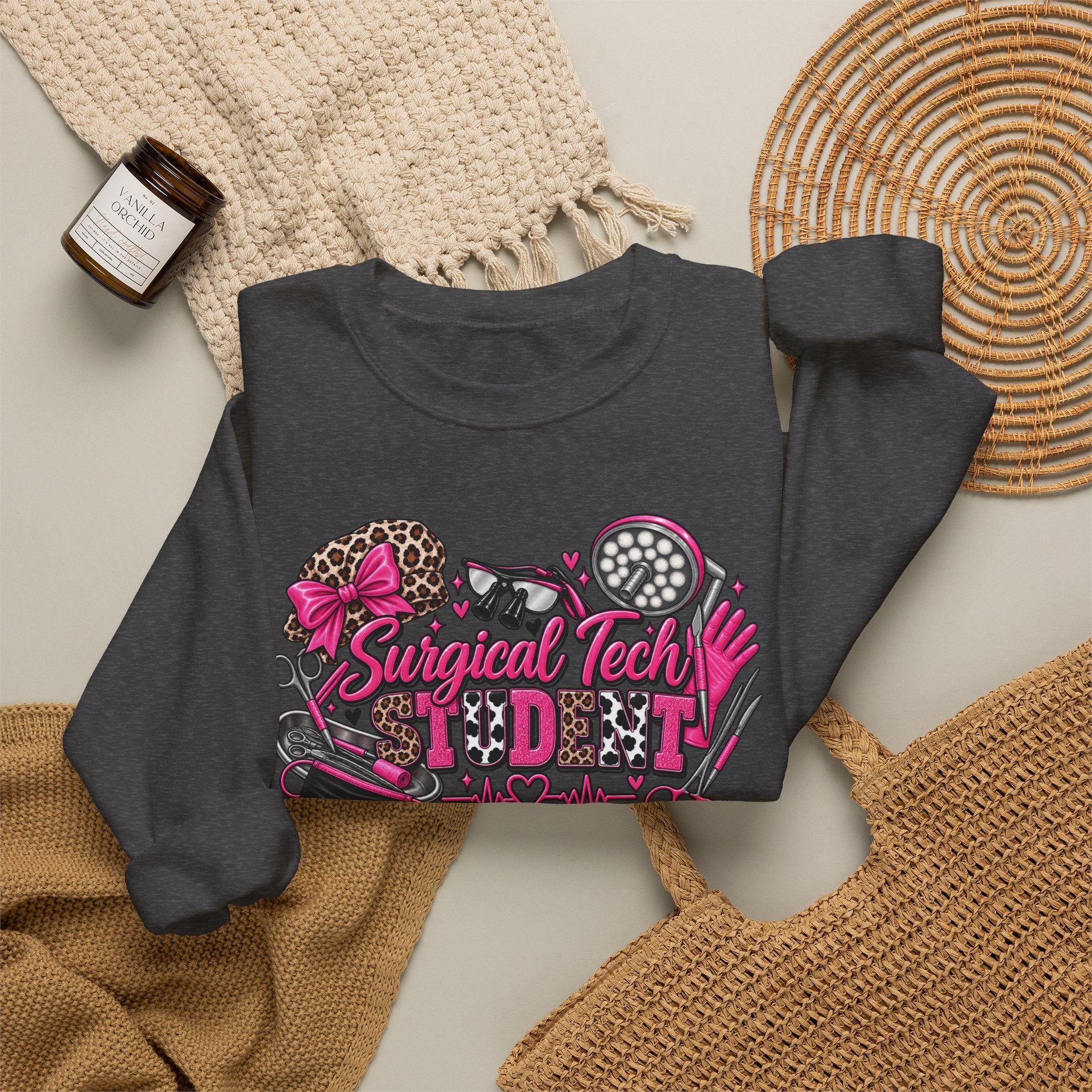 Surgical Tech Student Crewneck Sweatshirt — "Staygold Tash" Salon Scissors & Dryer Graphic