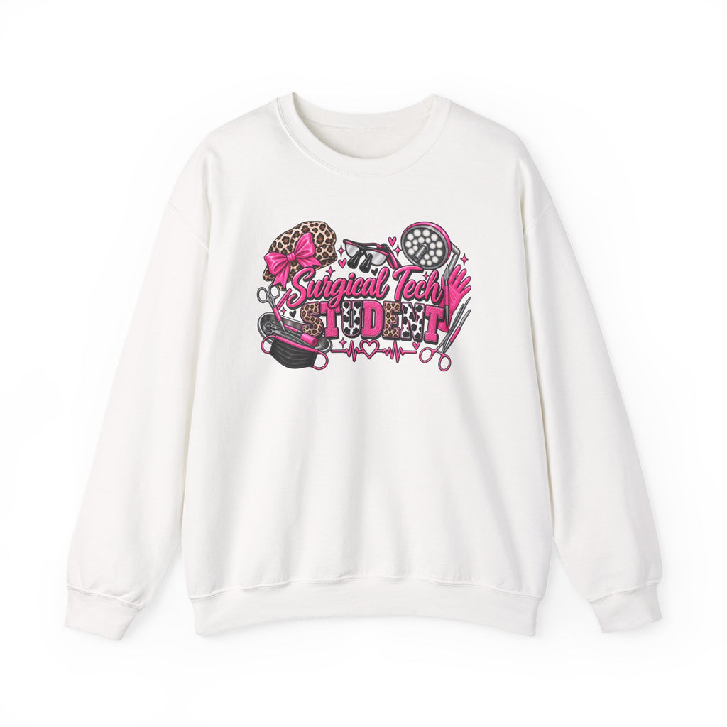 Surgical Tech Student Crewneck Sweatshirt — "Staygold Tash" Salon Scissors & Dryer Graphic