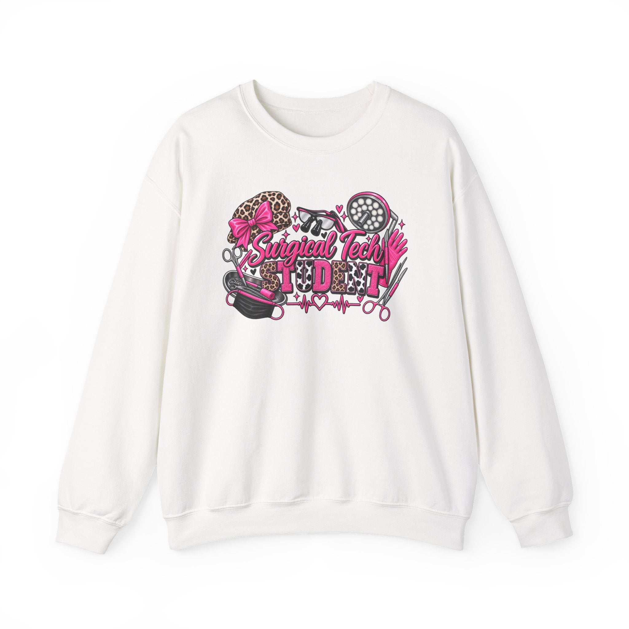 Surgical Tech Student Crewneck Sweatshirt — "Staygold Tash" Salon Scissors & Dryer Graphic