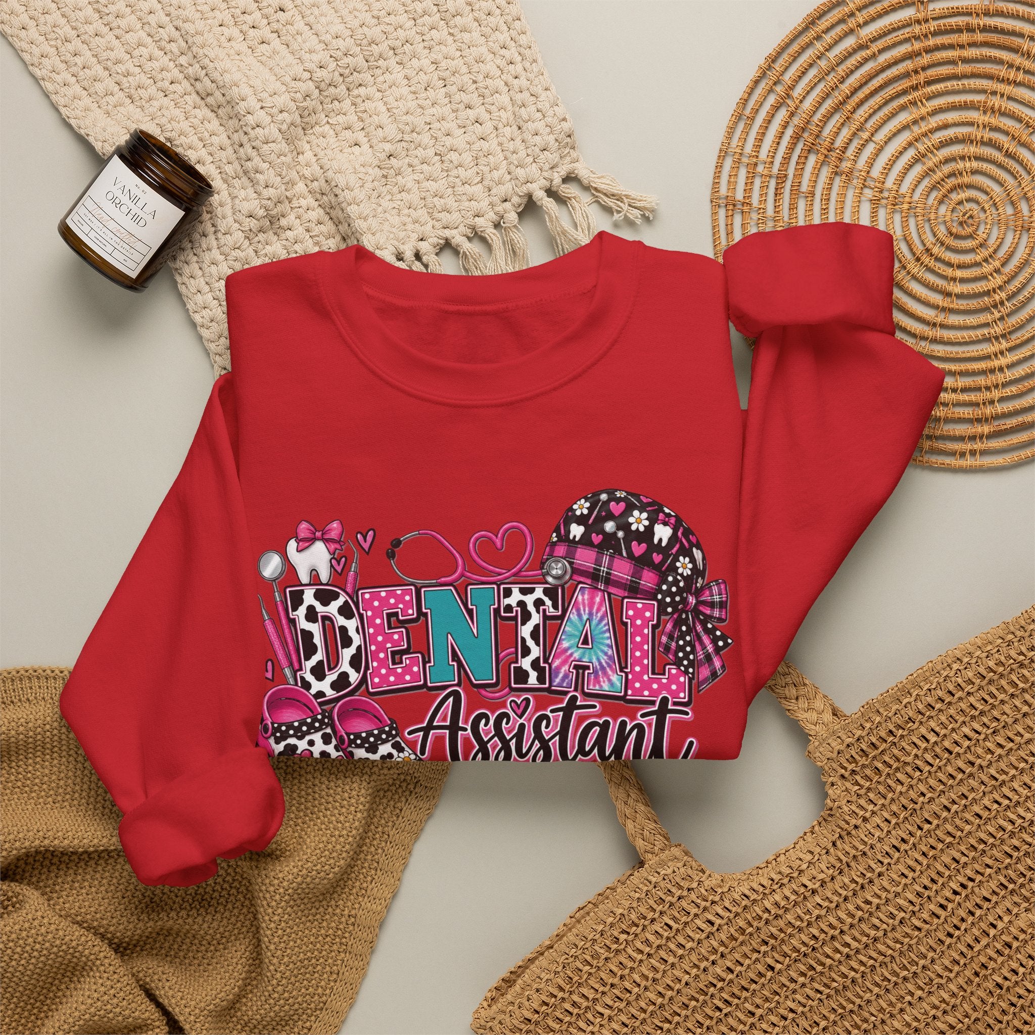 Dental Assistant Cow Print Crewneck Sweatshirt — Pink Leopard Heart Dental Design