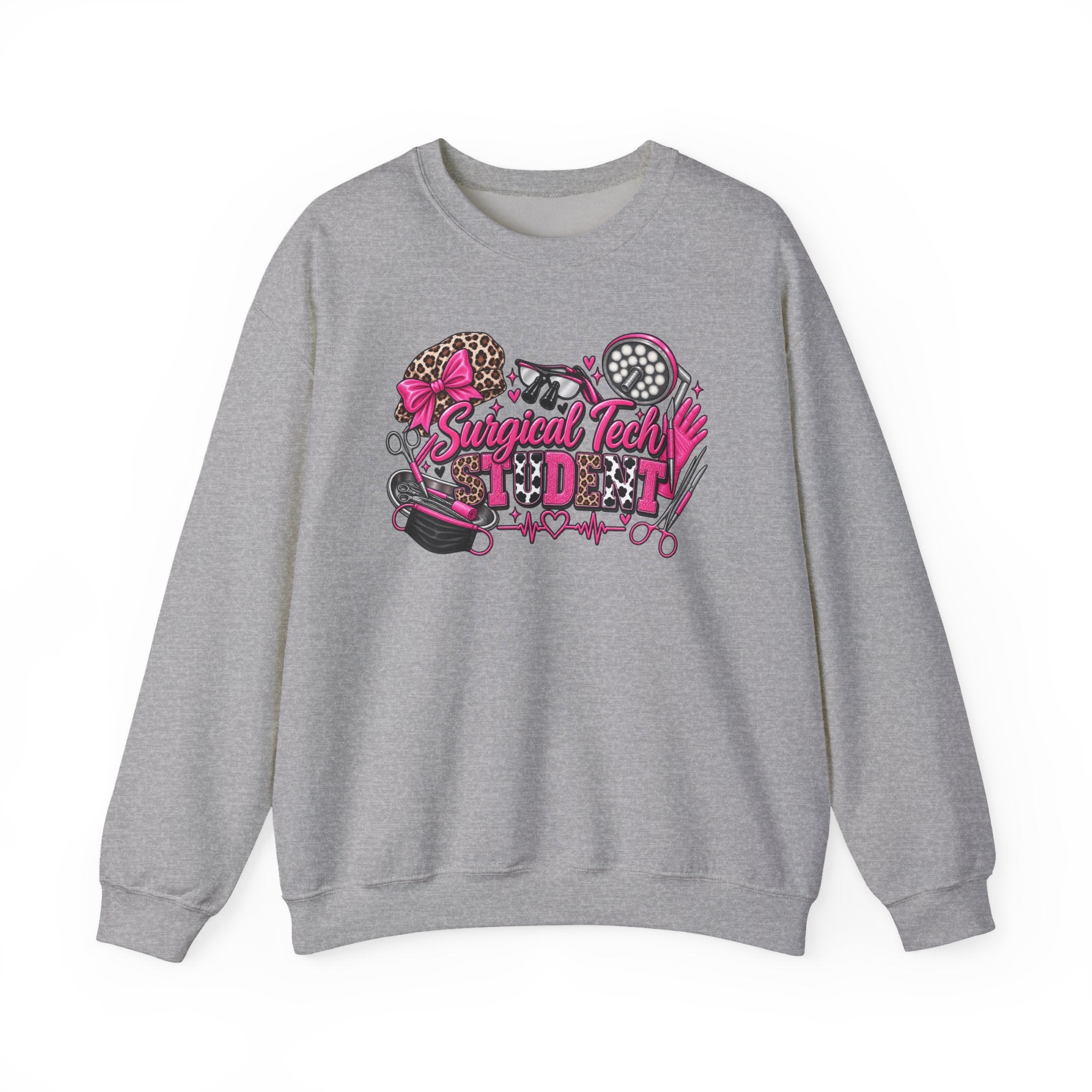 Surgical Tech Student Crewneck Sweatshirt — "Staygold Tash" Salon Scissors & Dryer Graphic