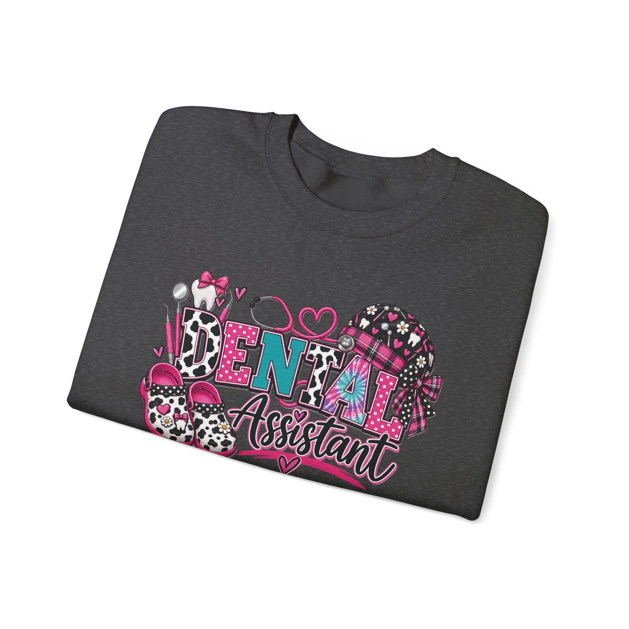Dental Assistant Cow Print Crewneck Sweatshirt — Pink Leopard Heart Dental Design