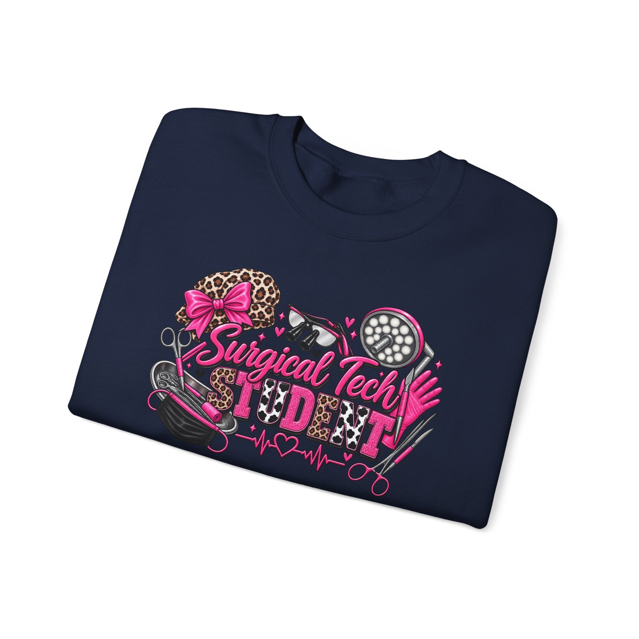 Surgical Tech Student Crewneck Sweatshirt — "Staygold Tash" Salon Scissors & Dryer Graphic