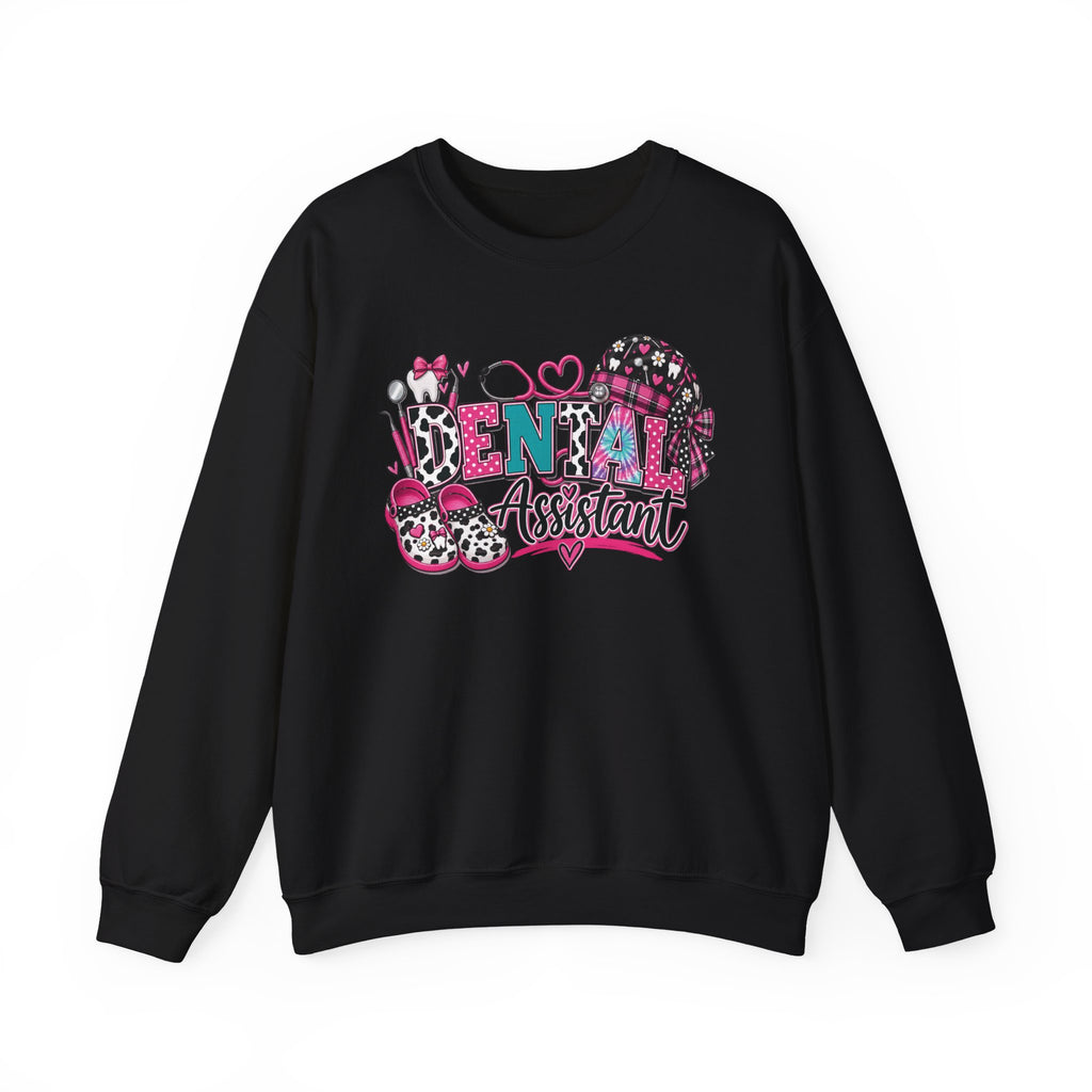 Dental Assistant Cow Print Crewneck Sweatshirt — Pink Leopard Heart Dental Design