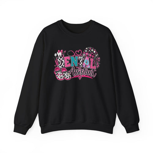 Dental Assistant Cow Print Crewneck Sweatshirt — Pink Leopard Heart Dental Design