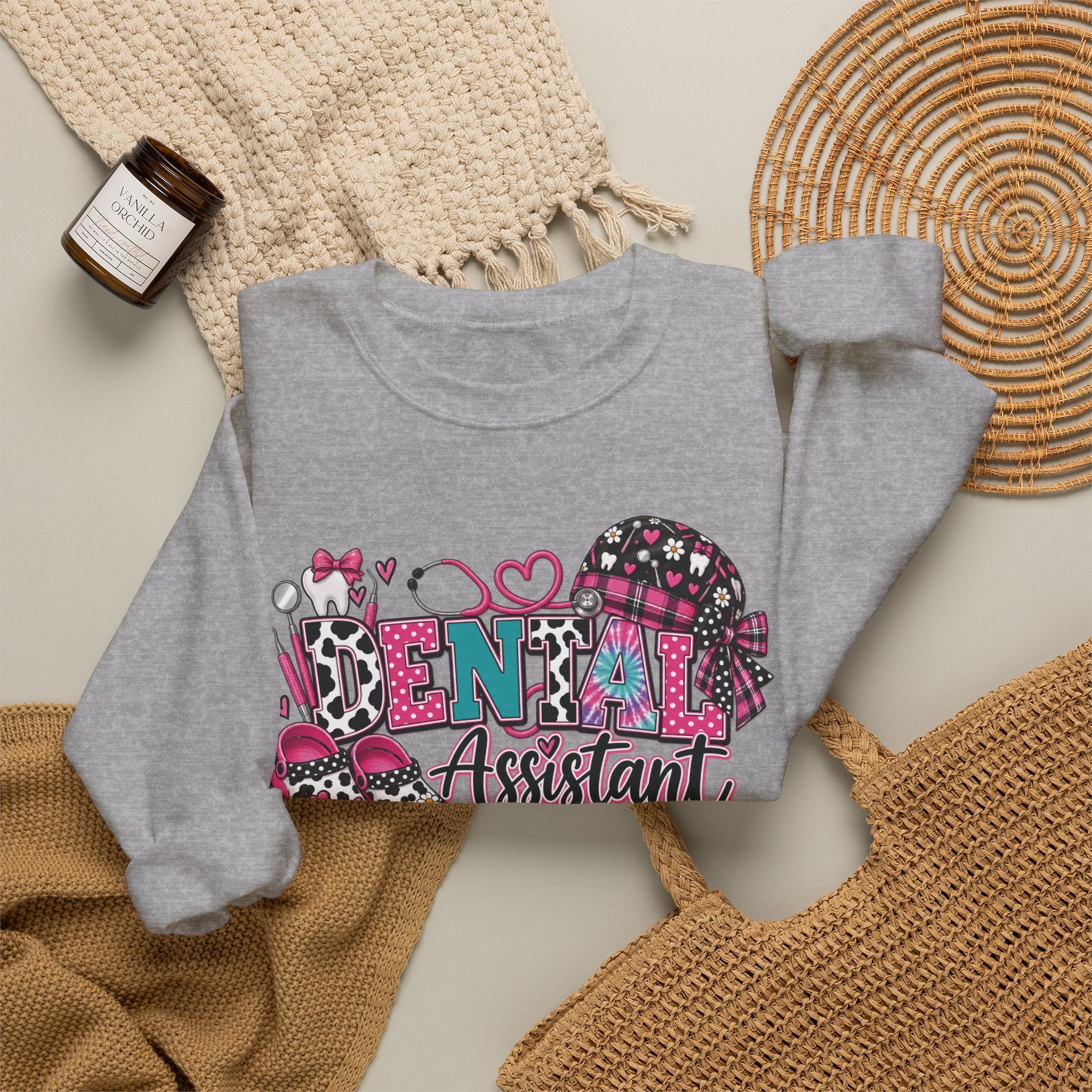 Dental Assistant Cow Print Crewneck Sweatshirt — Pink Leopard Heart Dental Design