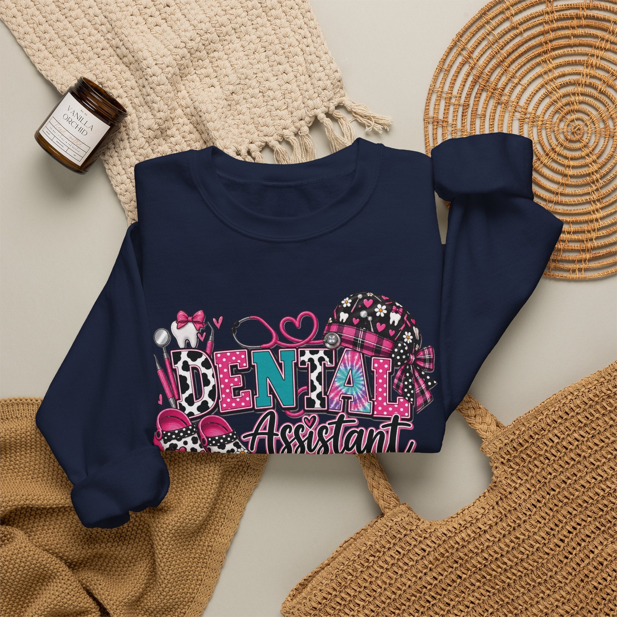 Dental Assistant Cow Print Crewneck Sweatshirt — Pink Leopard Heart Dental Design