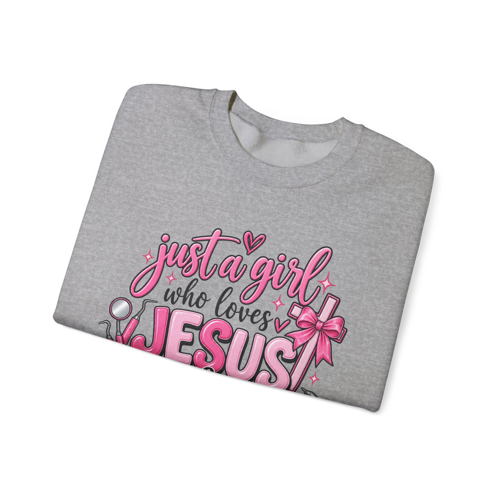 Jesus & Teeth Crewneck Sweatshirt — "Just a Girl Who Loves Jesus & Teeth" Christian Dental Graphic
