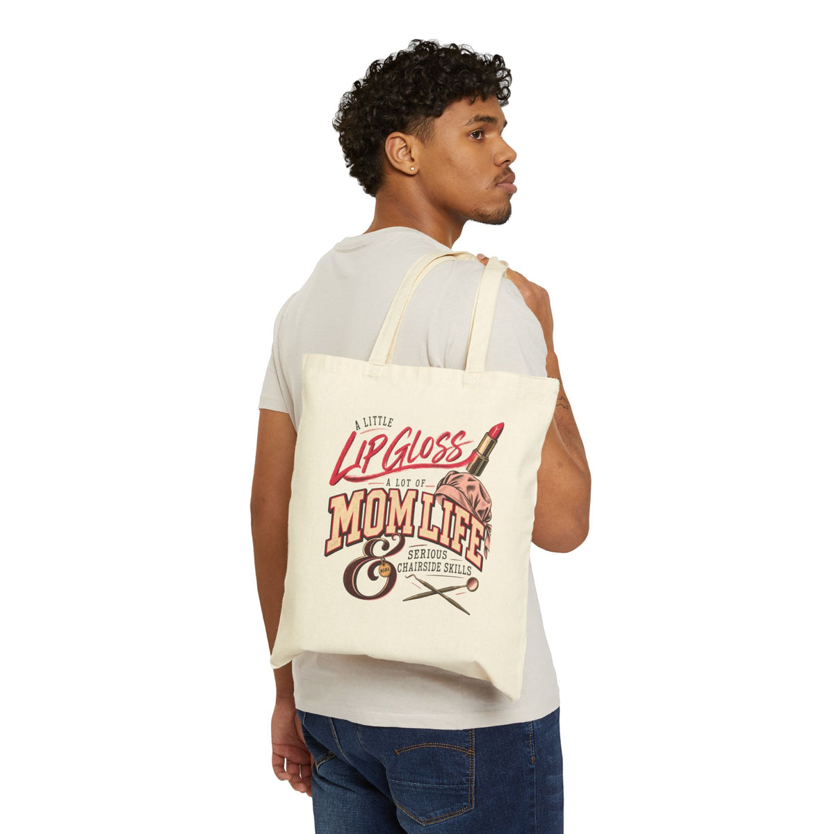 Mom Life Tote Bag - "A Little Lip Gloss & A Lot of Mom Life" Canvas Grocery/Beach Bag