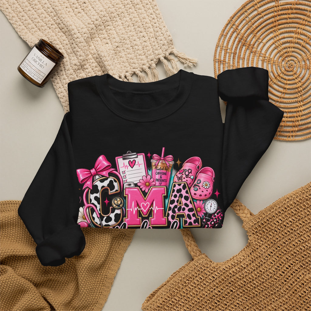 Cow Print Medical Assistant Crewneck Sweatshirt – Pink Nursing Badge & Stethoscope Design