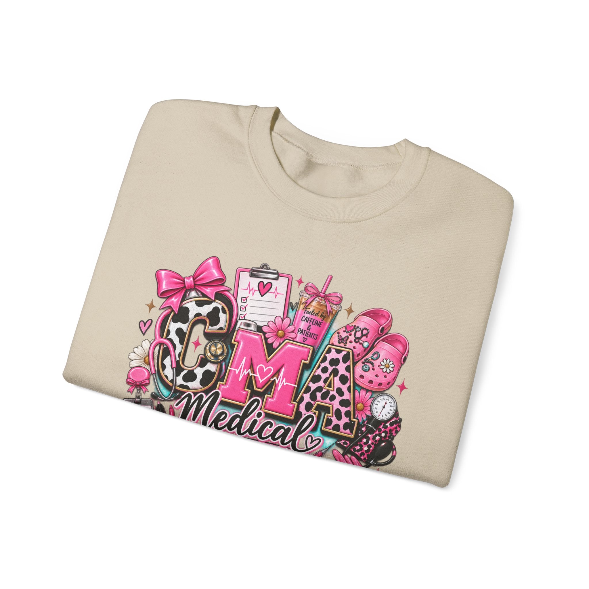 Cow Print Medical Assistant Crewneck Sweatshirt – Pink Nursing Badge & Stethoscope Design