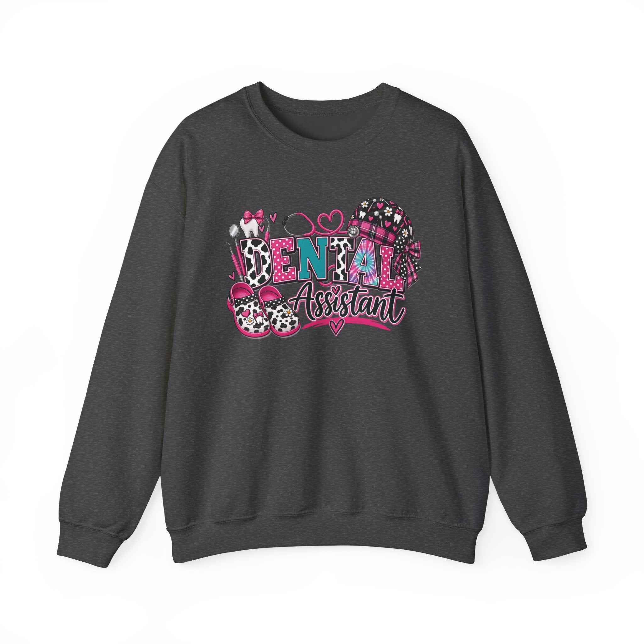 Dental Assistant Cow Print Crewneck Sweatshirt — Pink Leopard Heart Dental Design