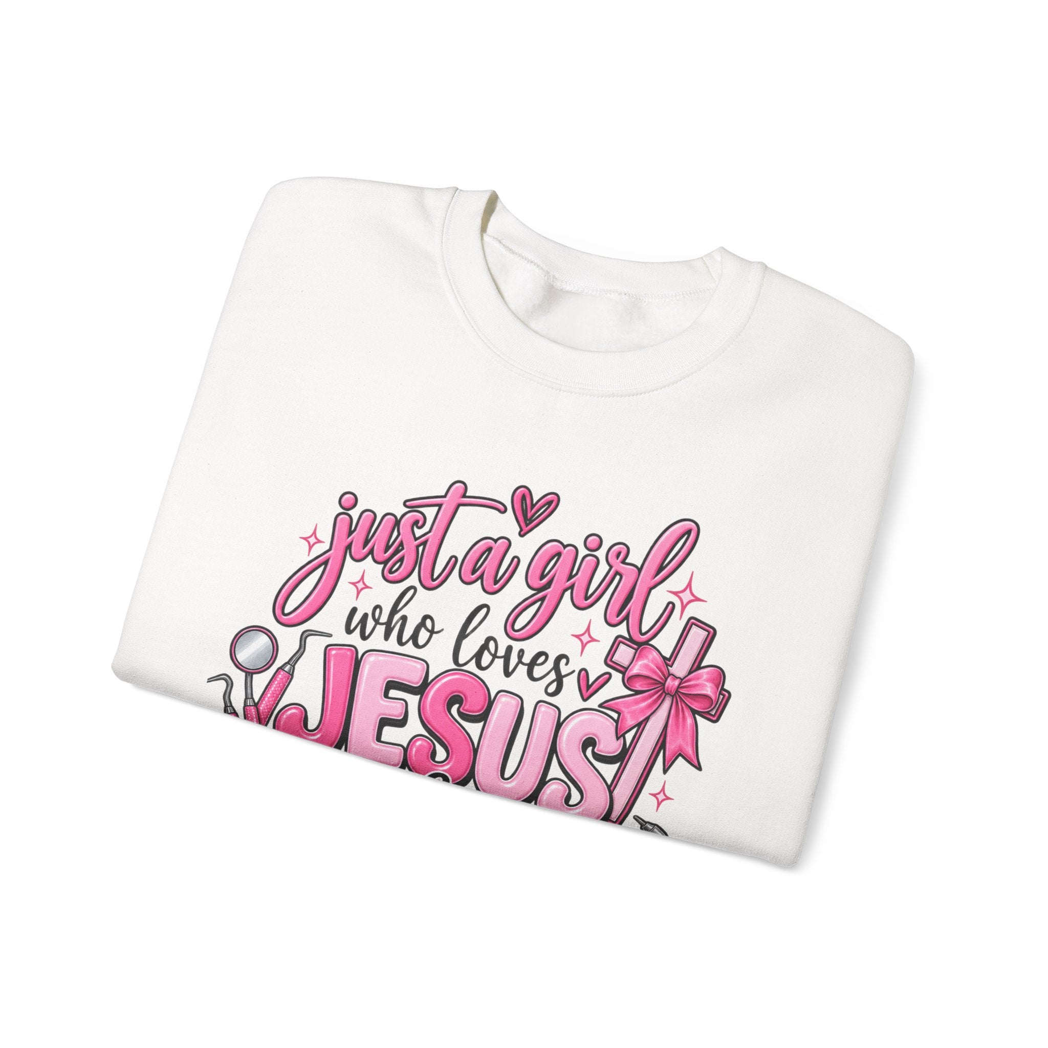Jesus & Teeth Crewneck Sweatshirt — "Just a Girl Who Loves Jesus & Teeth" Christian Dental Graphic