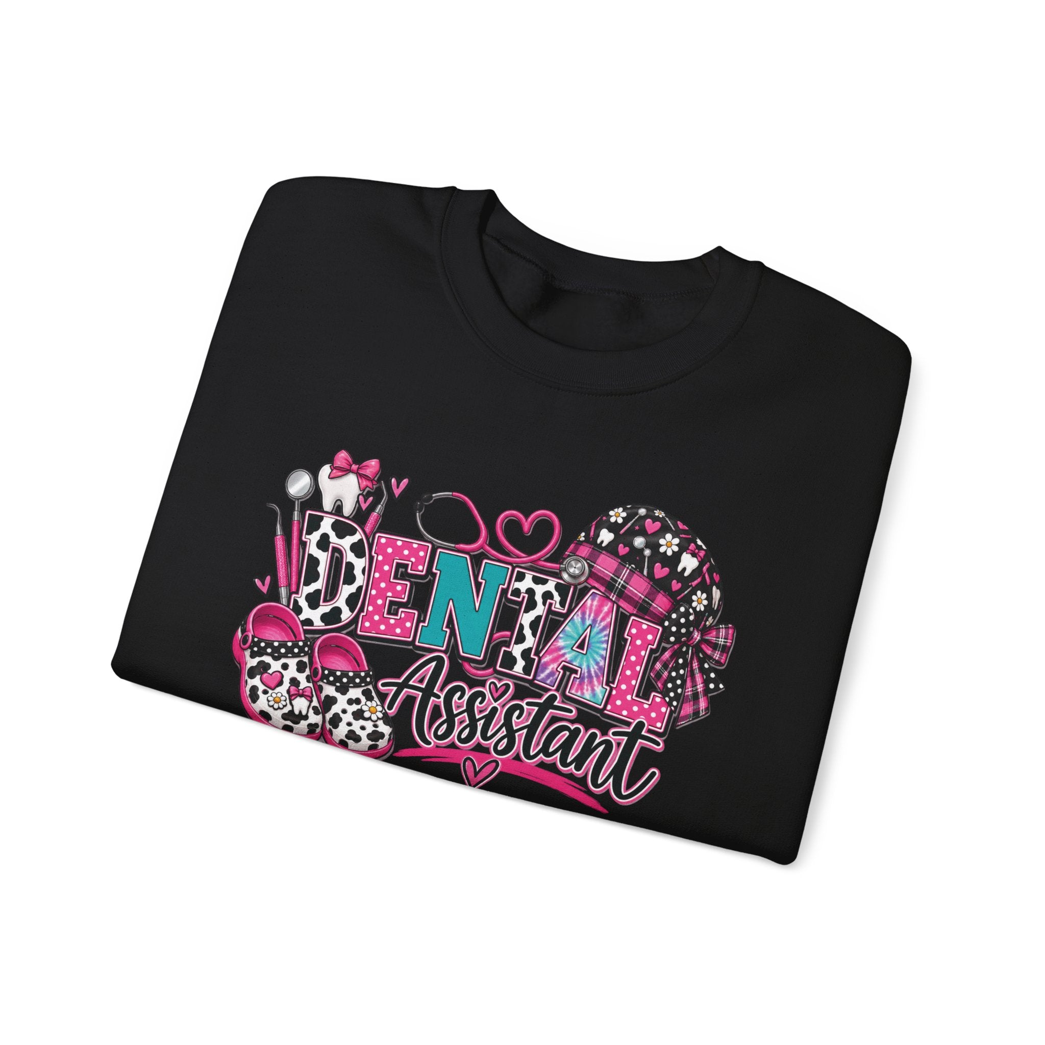 Dental Assistant Cow Print Crewneck Sweatshirt — Pink Leopard Heart Dental Design