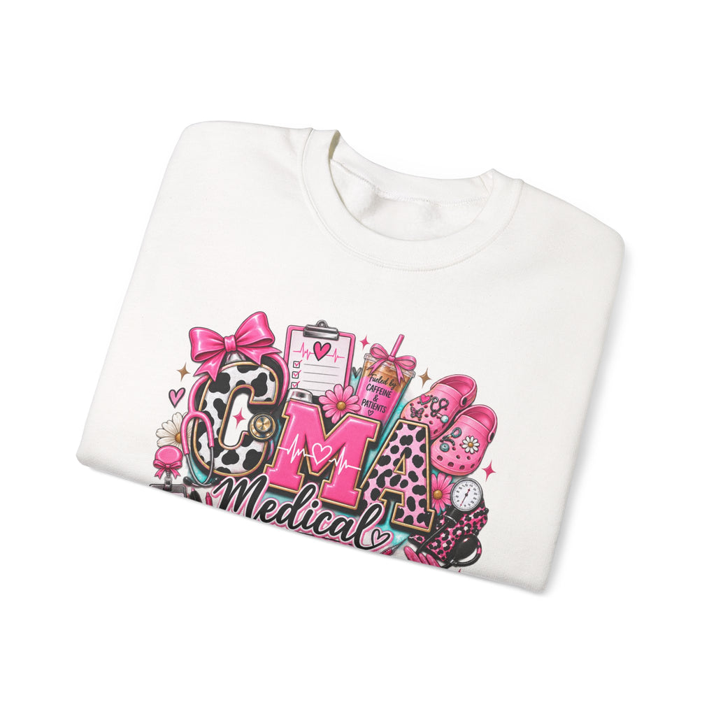 Cow Print Medical Assistant Crewneck Sweatshirt – Pink Nursing Badge & Stethoscope Design