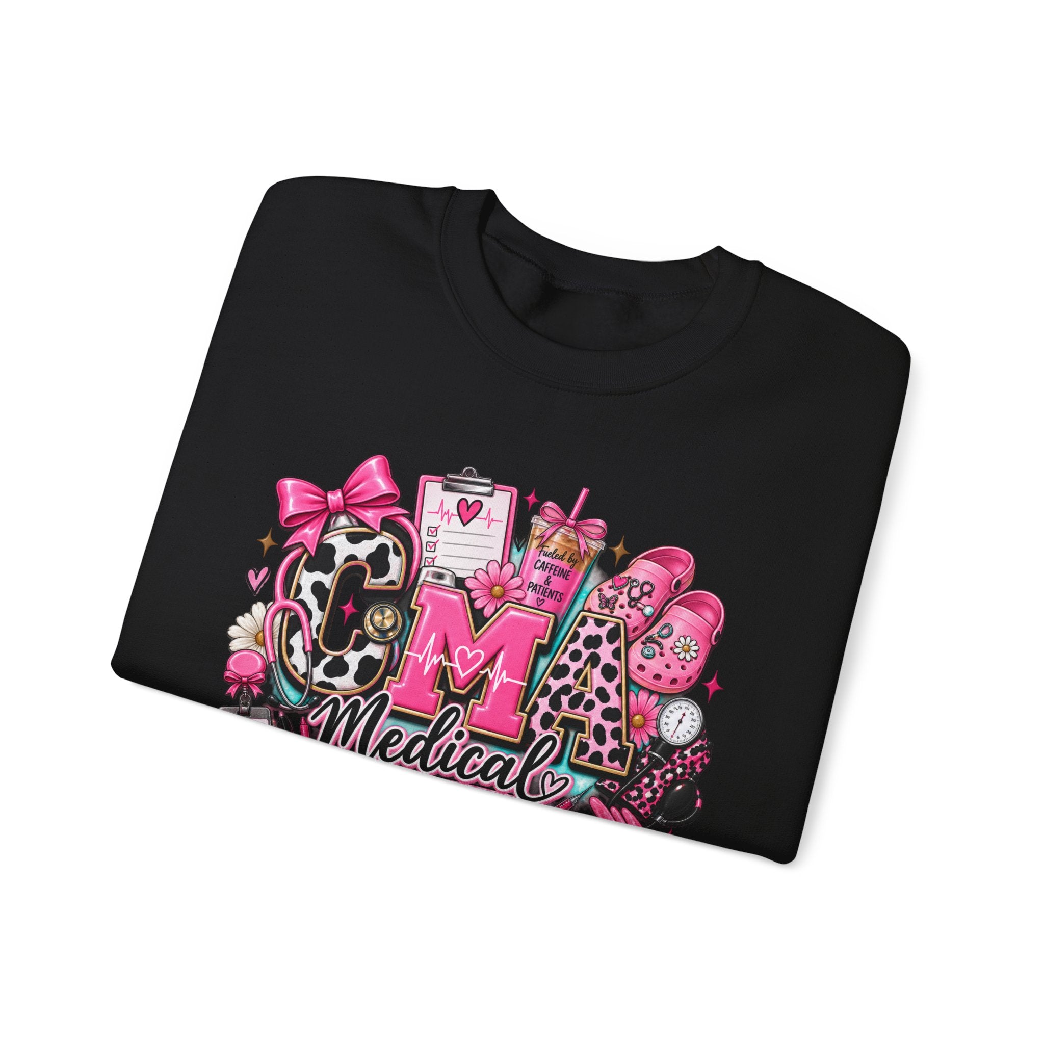 Cow Print Medical Assistant Crewneck Sweatshirt – Pink Nursing Badge & Stethoscope Design
